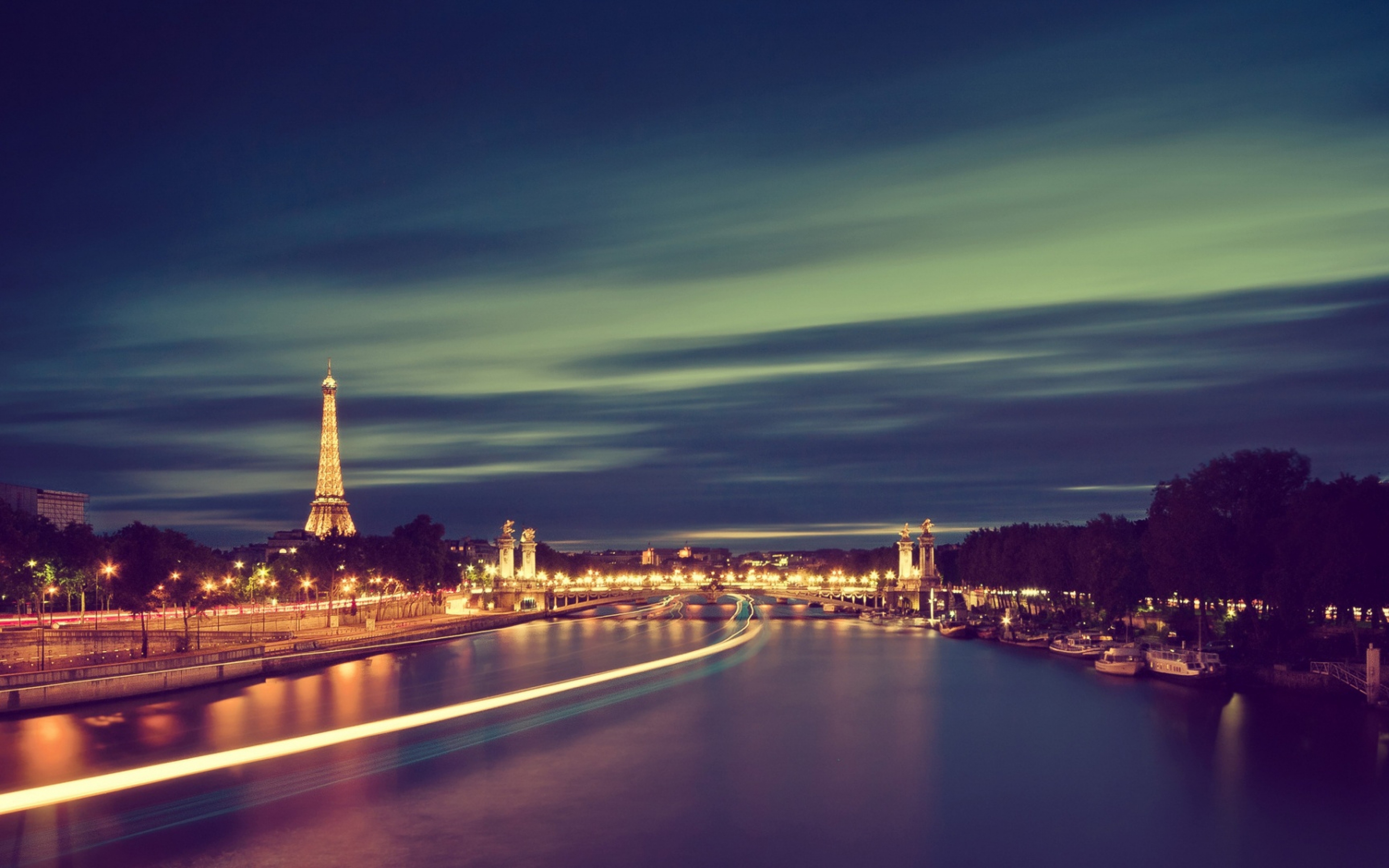 3840x2400 France Paris River Light Night Eiffel tower Wallpaper