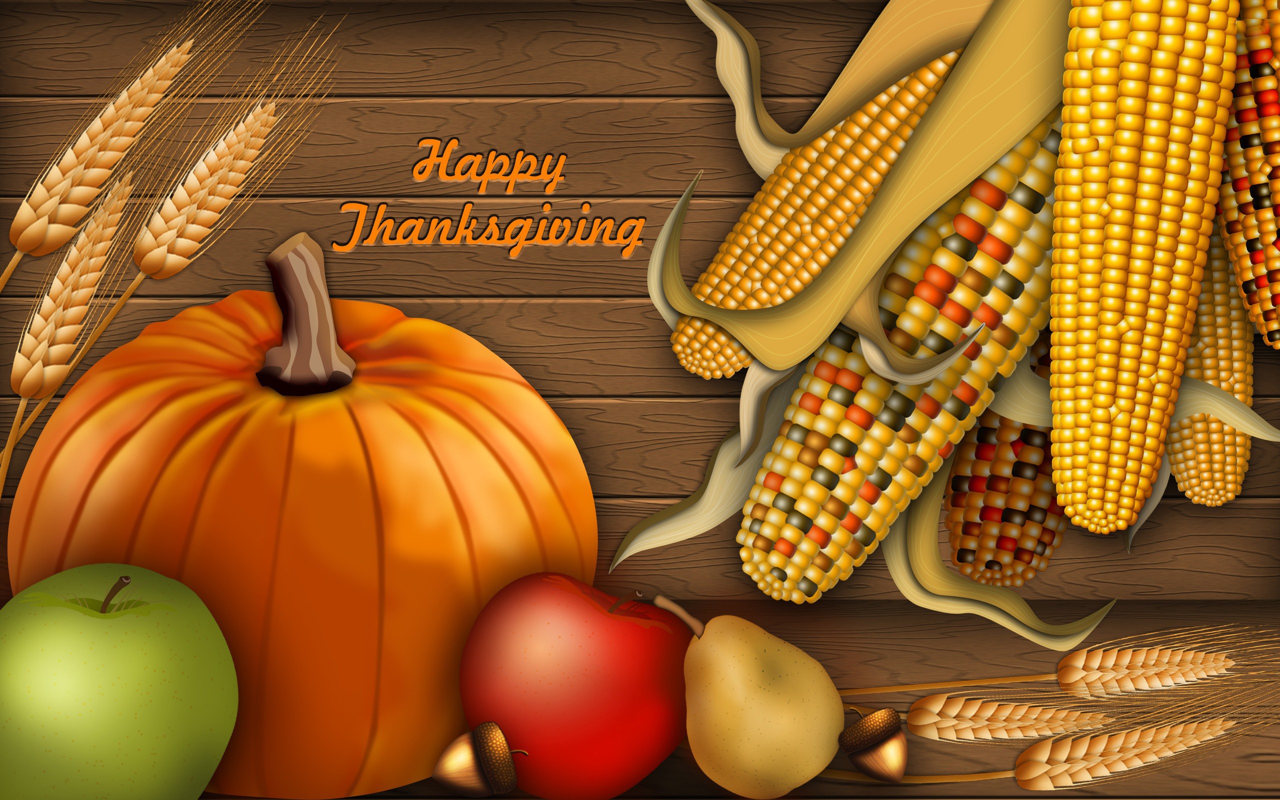 A festive Thanksgiving wallpaper featuring a pumpkin, apples, corn, wheat, and acorns on a wooden background