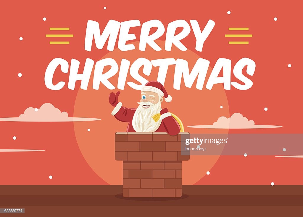 Christmas Greeting Card Background With Santa Clause In Chimney