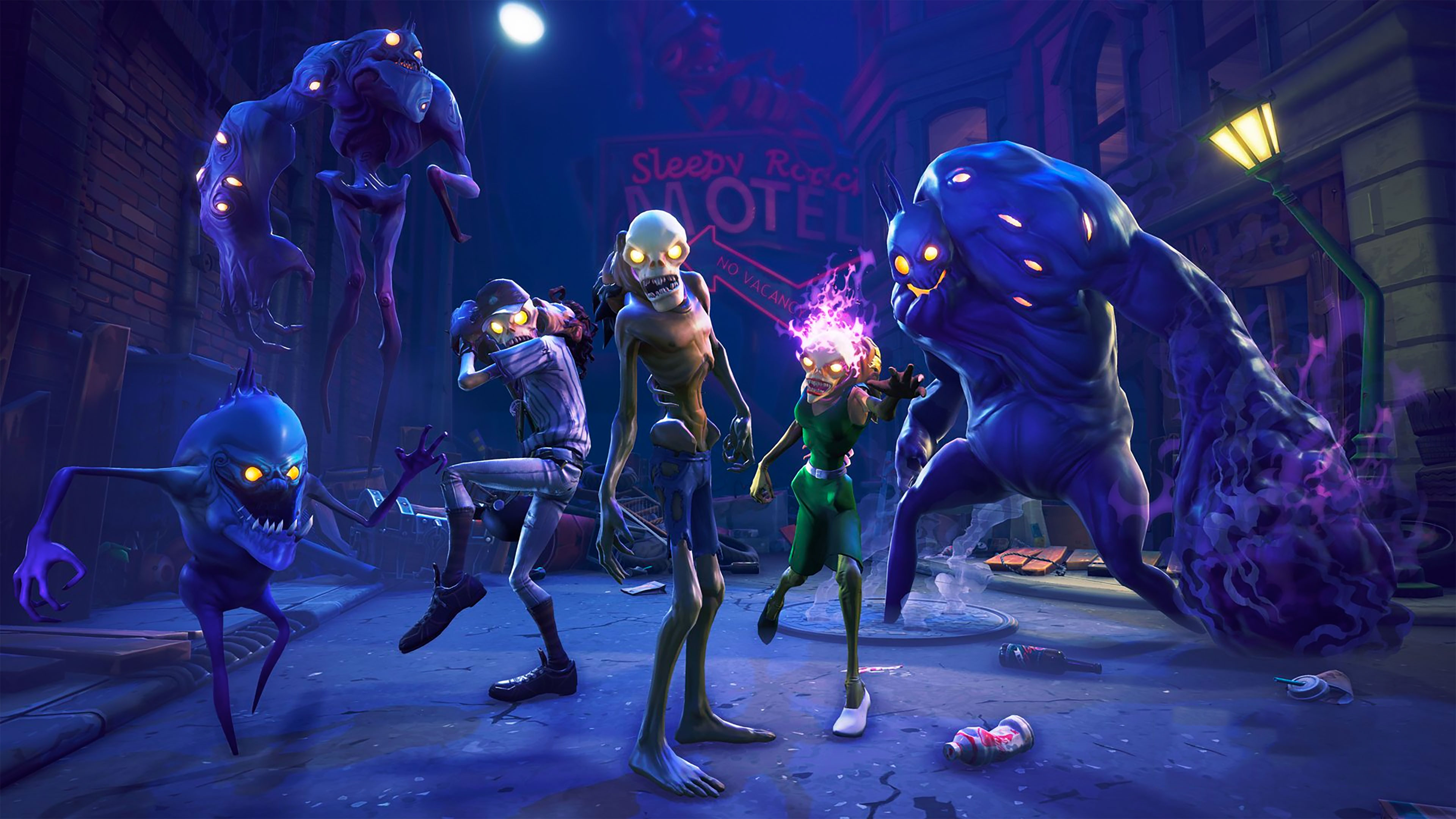 Fortnite 4k Wallpaper: Spooky Nighttime Scene with Monsters and Zombies