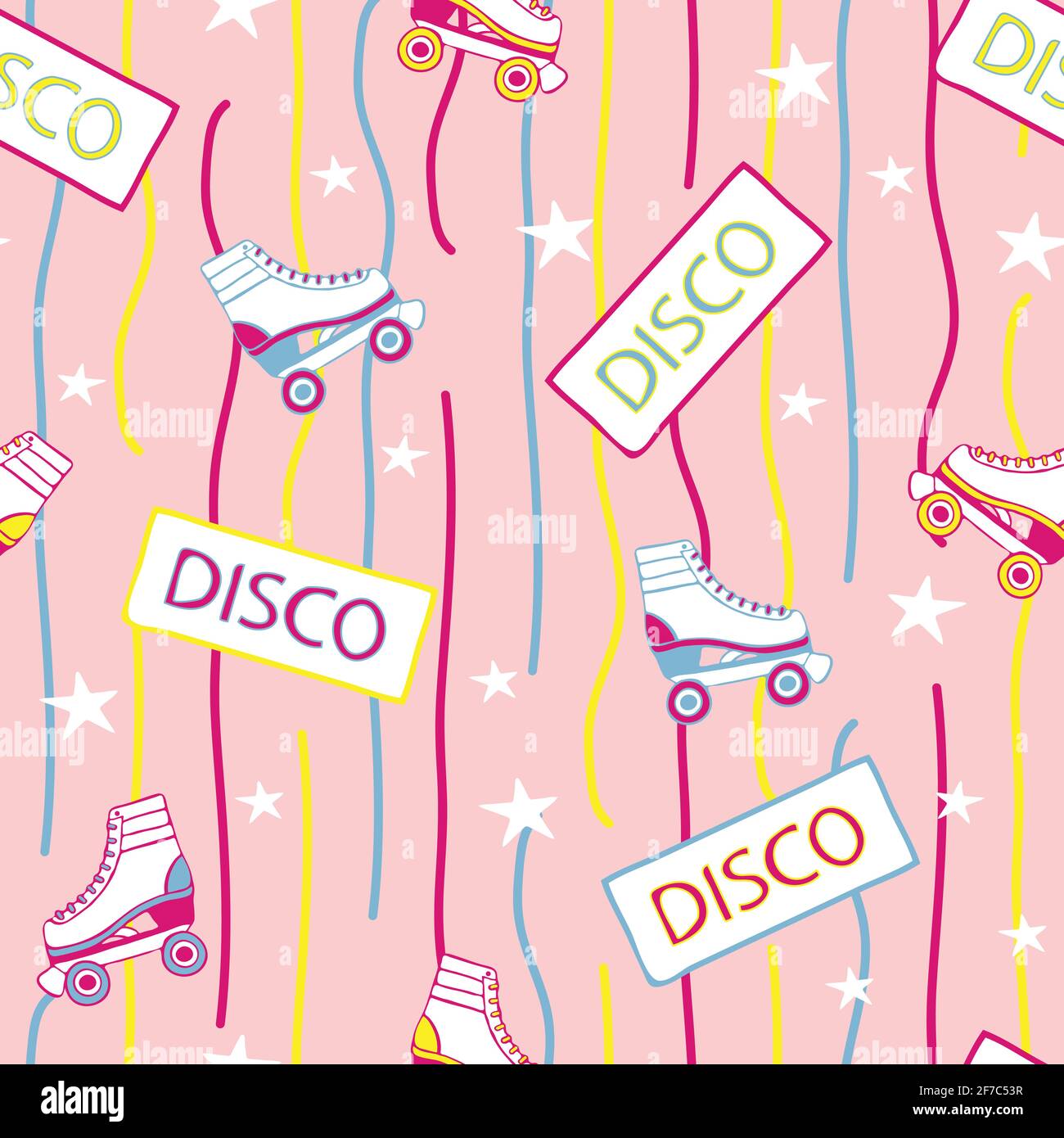 Seamless vector pattern with roller skates on pink background