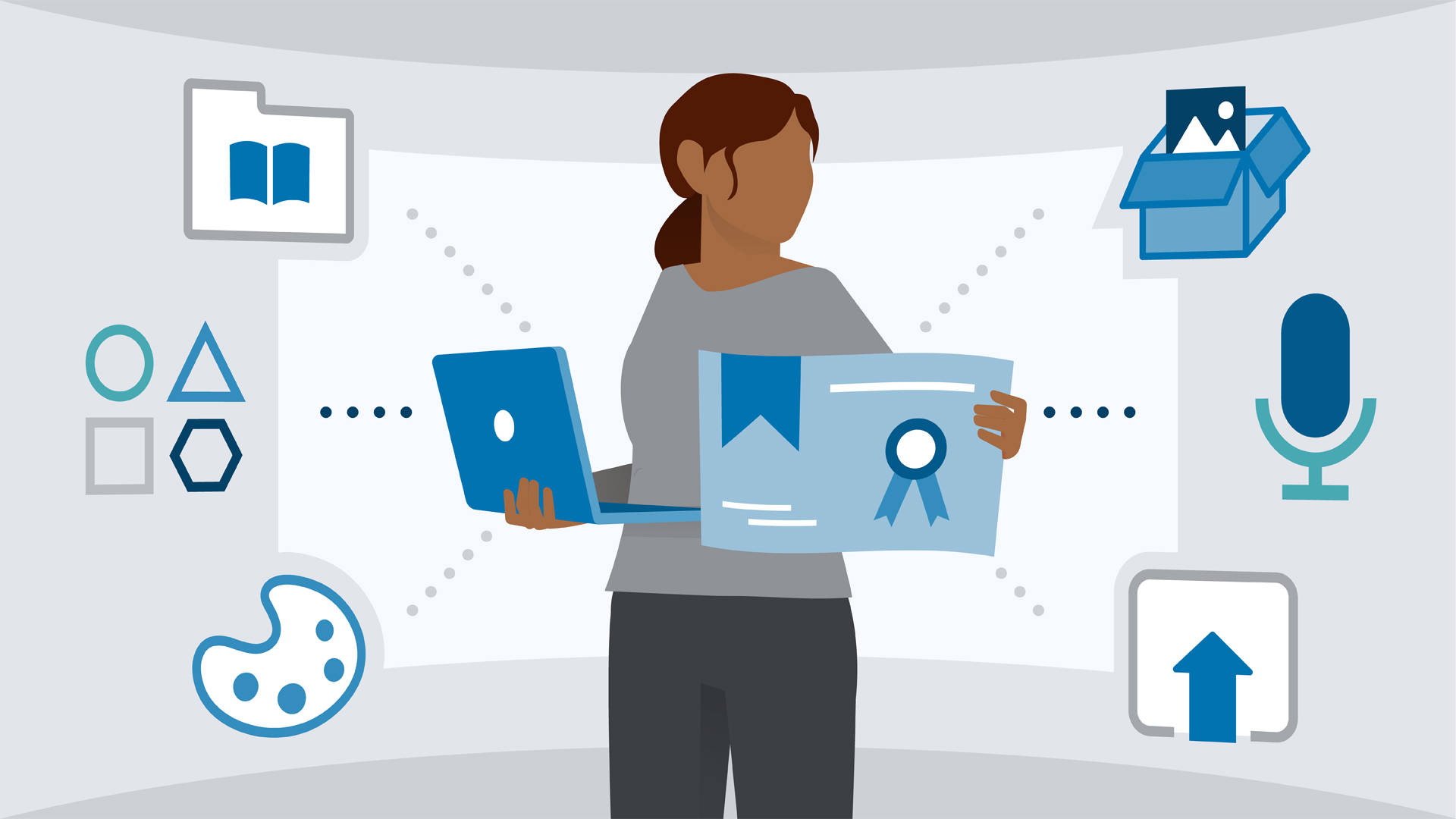 A person holding a laptop and a certificate, symbolizing online learning and professional development achievements