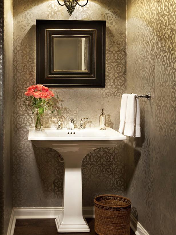 Bathroom With Silver Wallpaper Pedestal Sink Roses Designers