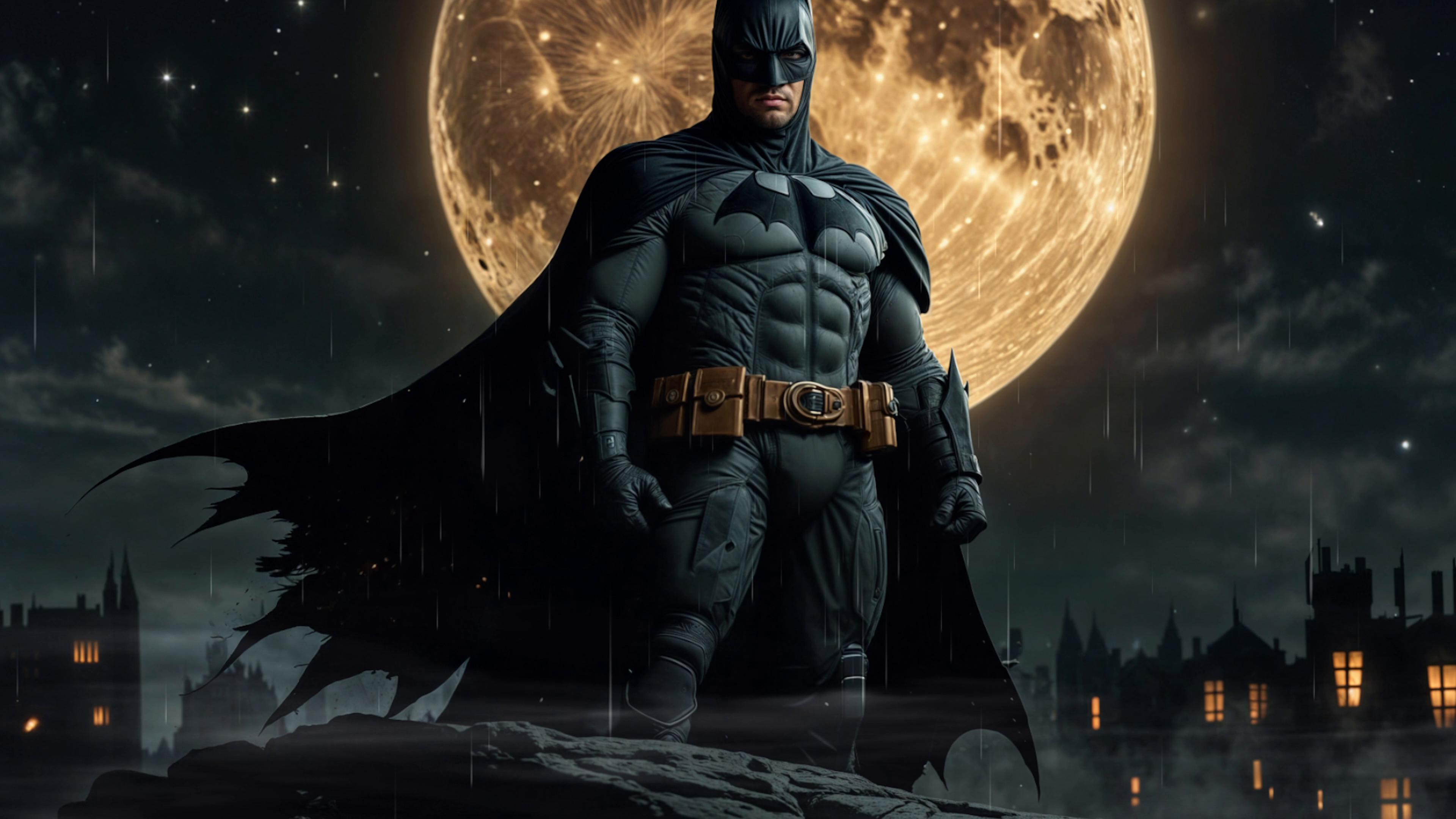 Batman standing on a rooftop with a full moon behind him, rain falling in the foreground, and a cityscape in the background