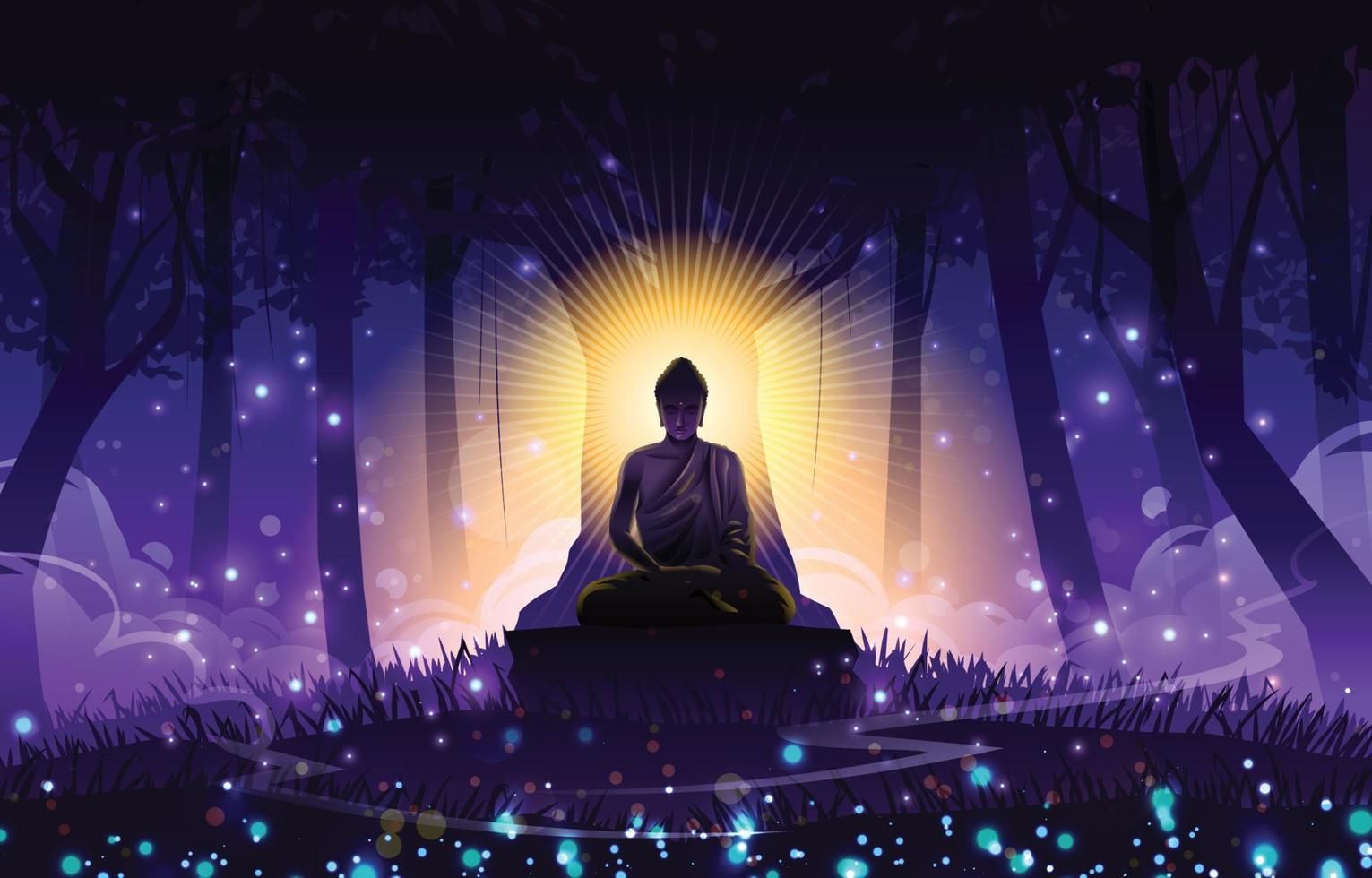 Serene Buddha Statue Meditating in Enchanted Forest at Night