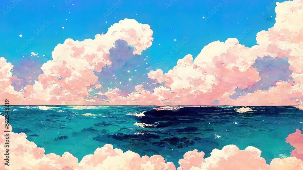 Ocean And Clouds Anime Manga Scenery 4k Drawing Of A Cloudscape