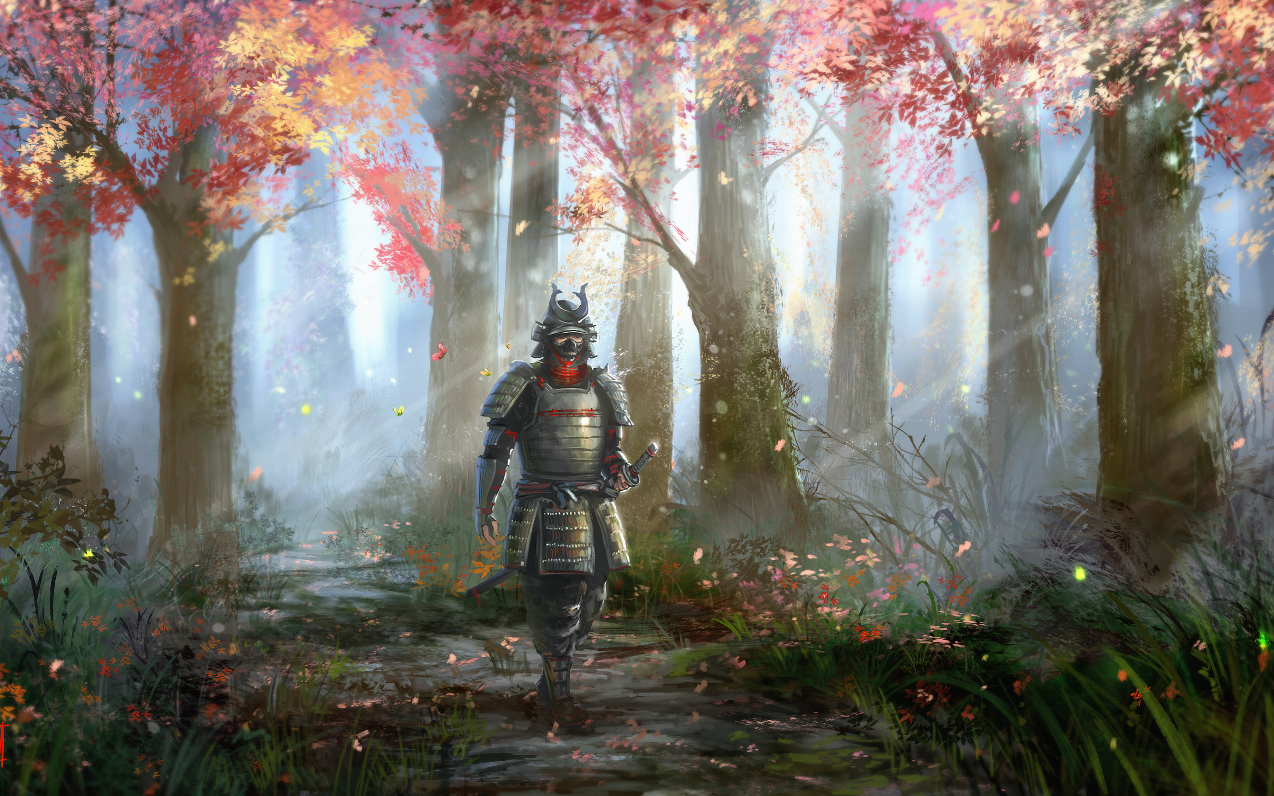 A lone samurai walks through a serene autumn forest, his armor gleaming softly in the dappled light.  Fallen leaves drift around him, creating a peaceful and evocative scene