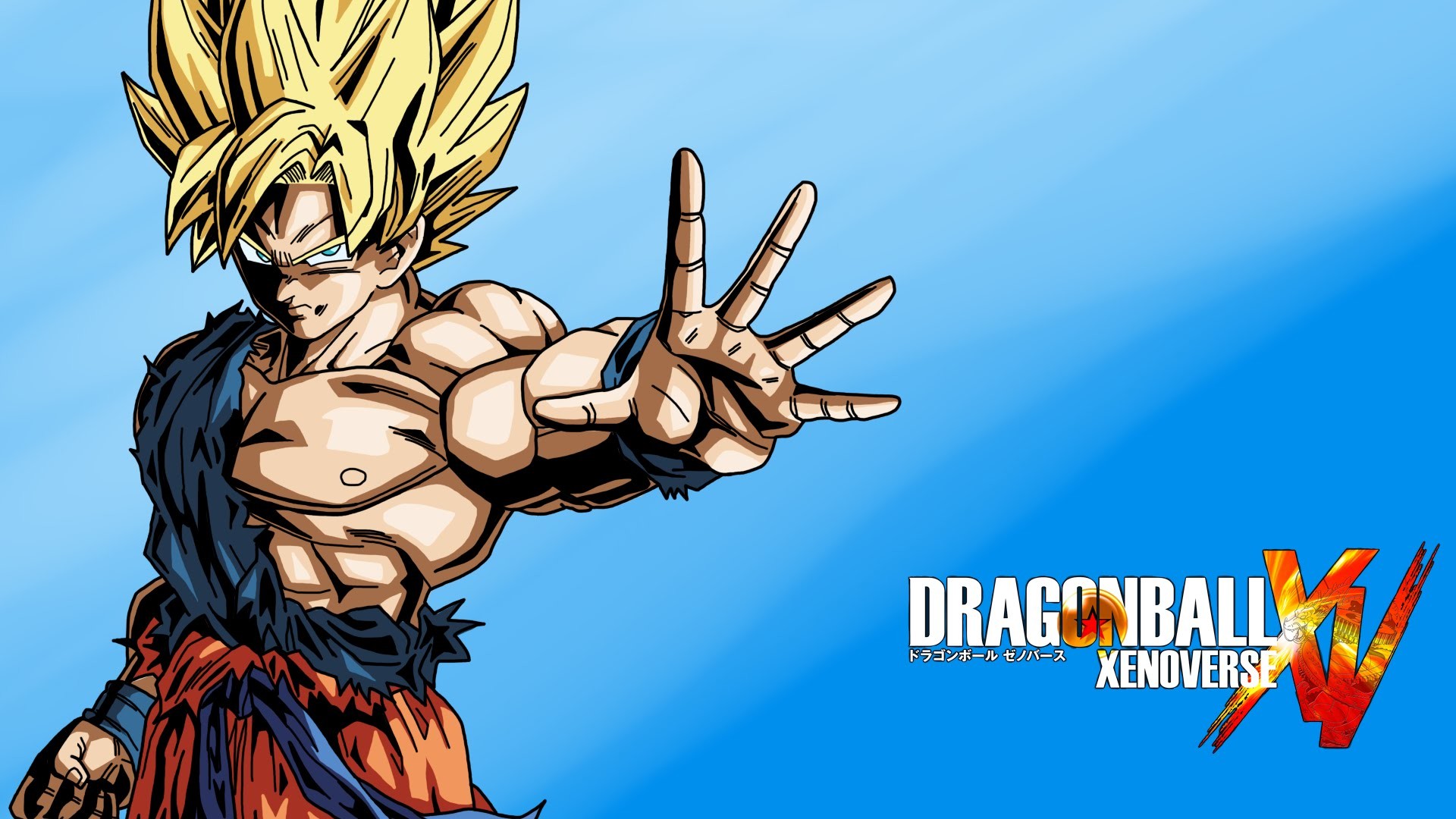 Goku Super Saiyan from Dragon Ball Z in a dynamic action pose, reaching forward against a bright blue background