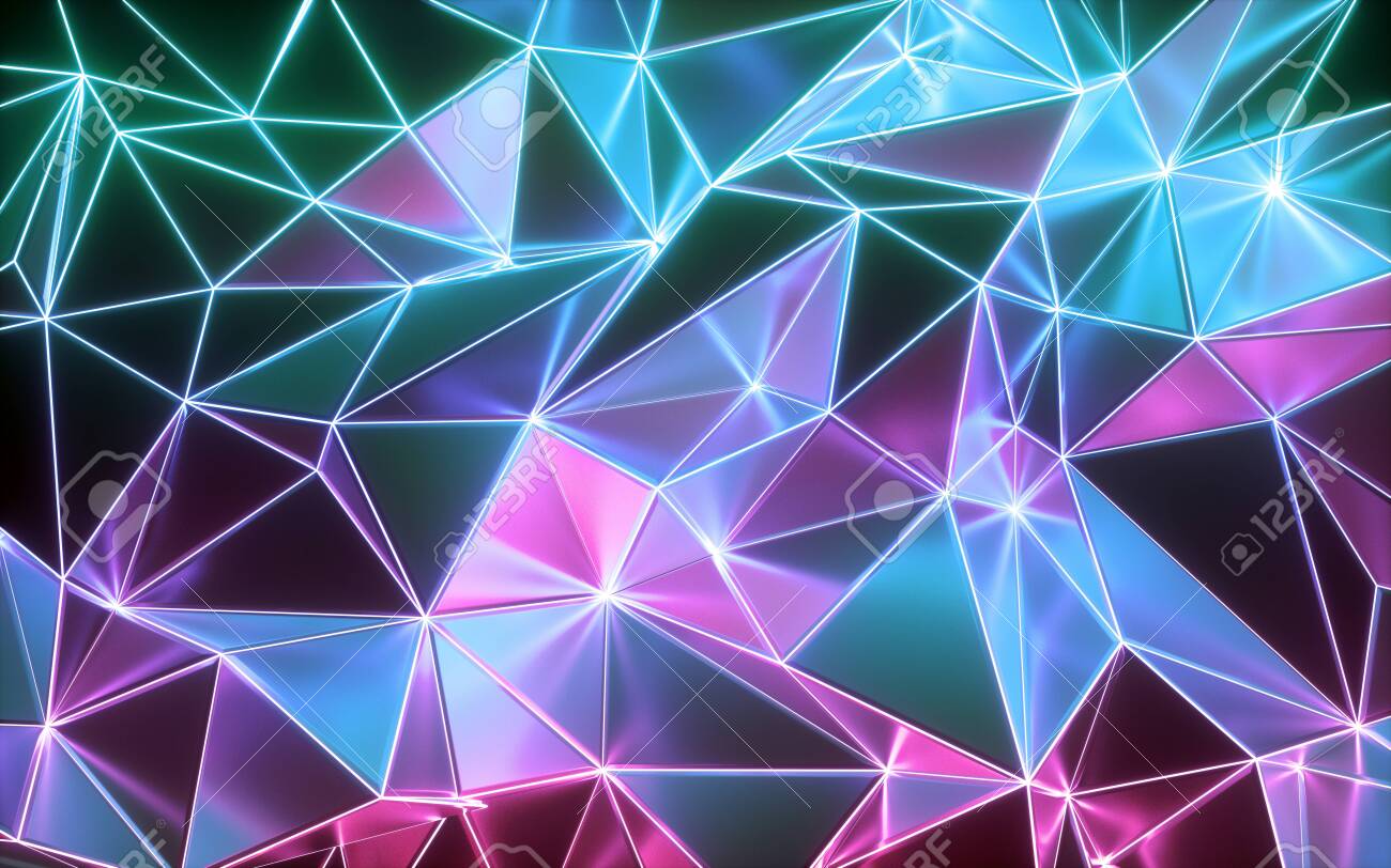 3d Rendering Neon Crystallized Background Crumpled Shiny