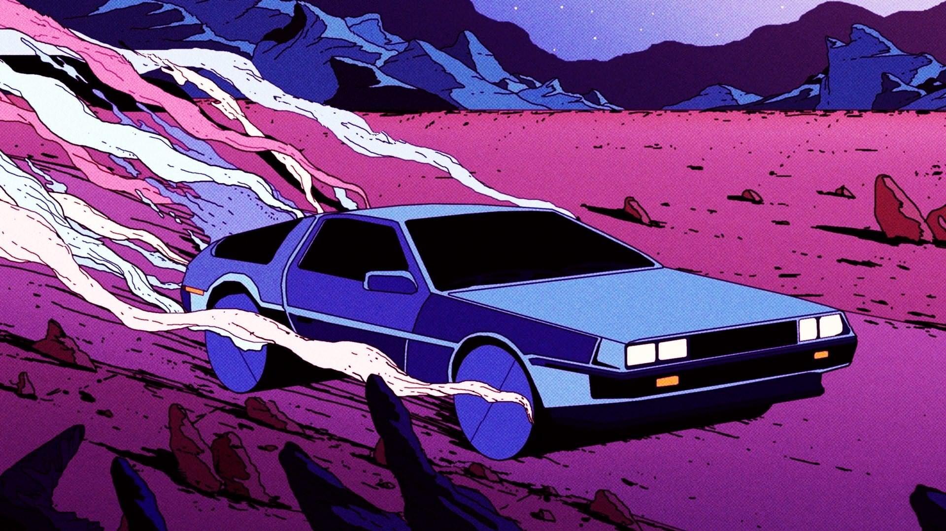 Retrowave Car Pink Delorean Mountains Blue Desert Retro