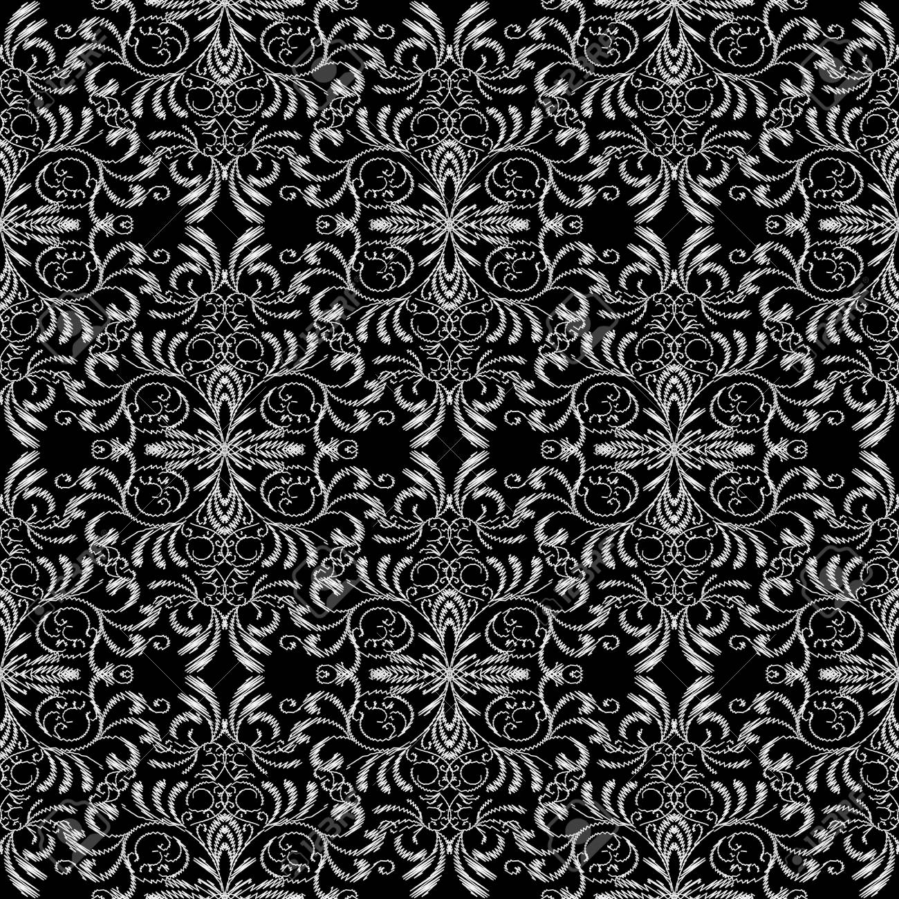Floral Tapestry Seamless Pattern Embroidery Damask Black White