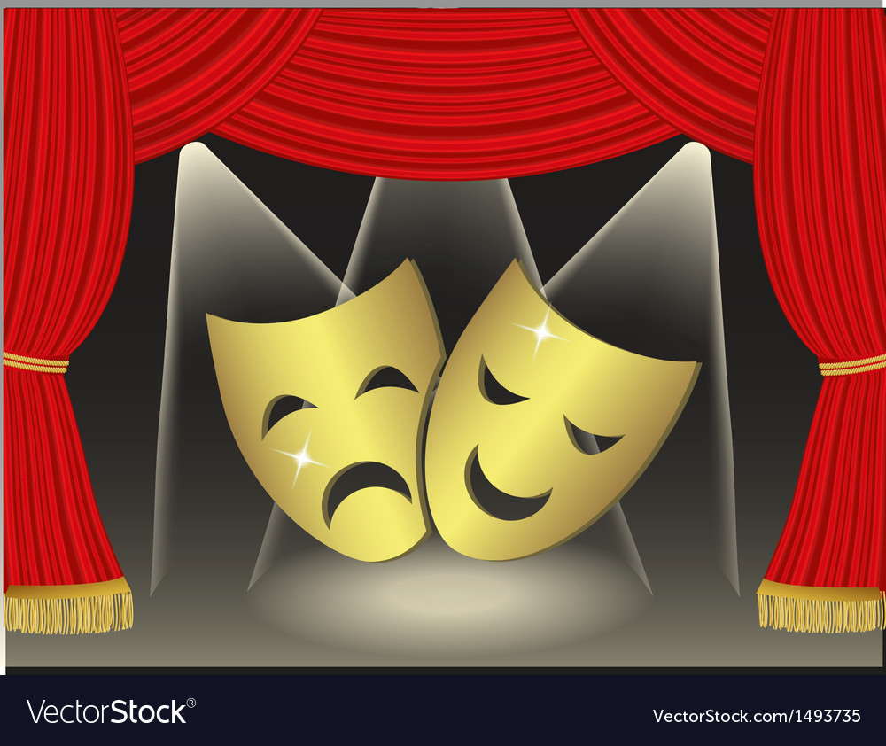 Theatrical Masks On Red Curtains Background Vector Image