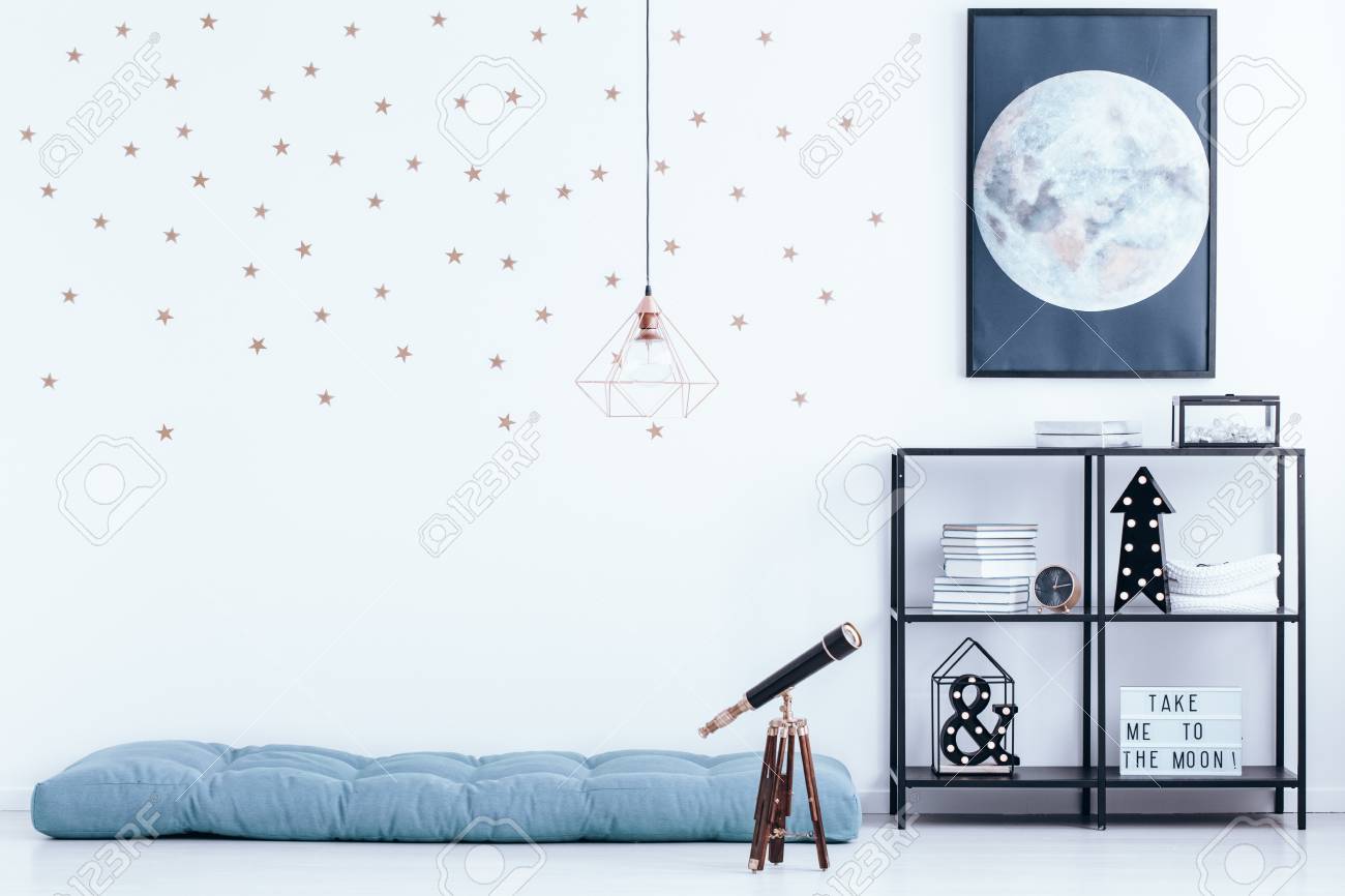 Simple Kid S Bedroom Interior With Star Wallpaper And Blue
