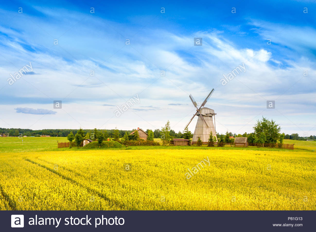 Wooden Windmill On Background Field And Sky Dudutki Village