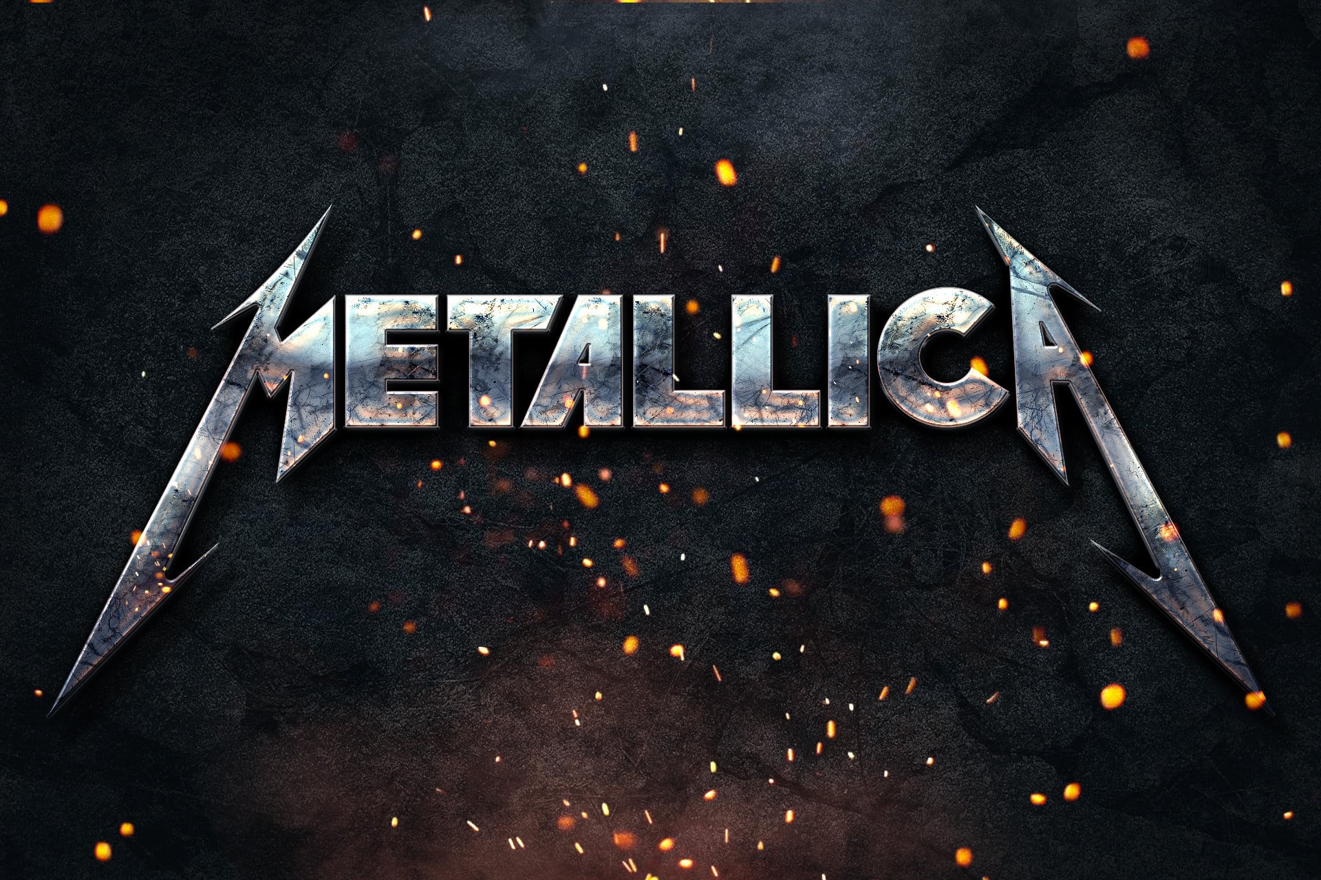 Metallica logo with a dark, grunge background and fiery sparks, perfect for heavy metal fans