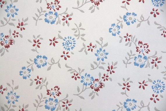 Vintage Wallpaper Gray Blue And Red Mini Floral Print On Whi
