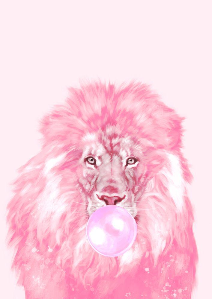 Lion Chewing Bubble Gum in Pink Throw Pillow by Big Nose Work