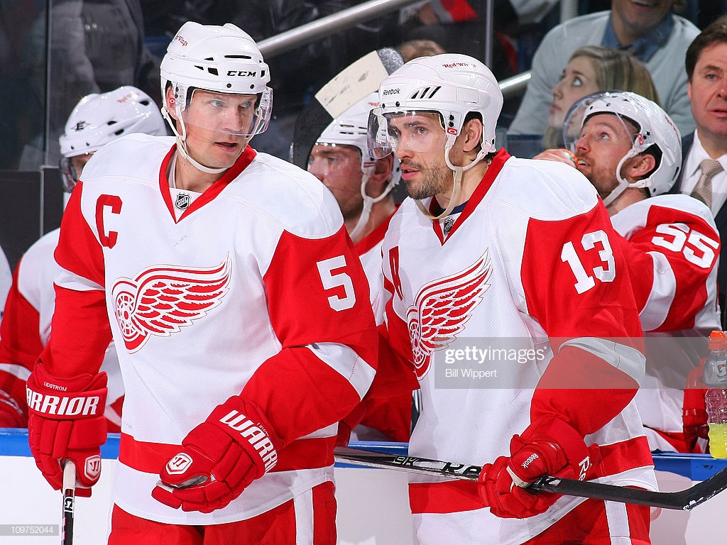 Nicklas Lidstrom And Pavel Datsyuk Of The Detroit Red Wings Chat
