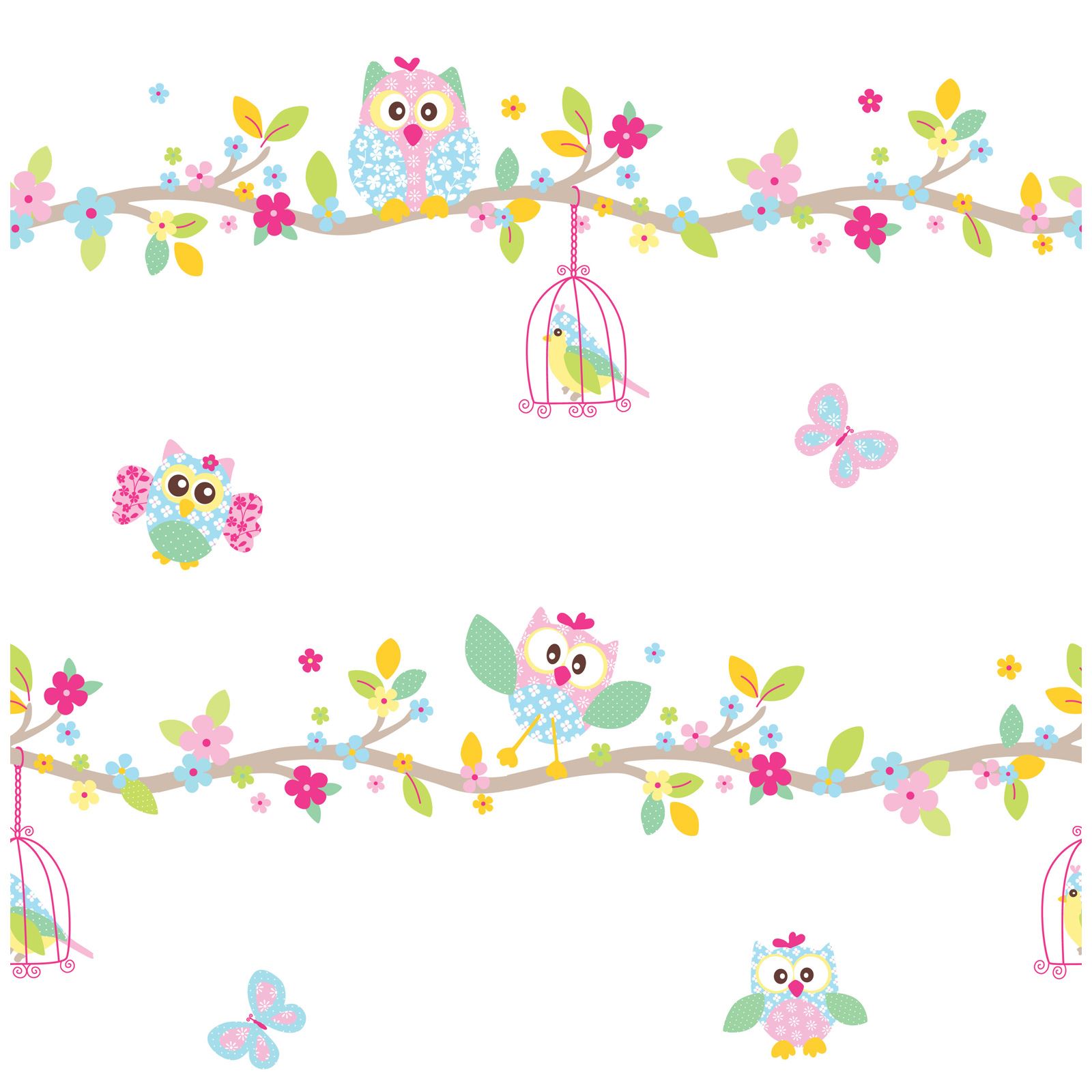 Patchwork Owl Wallpaper And Border White Pink Pastel Bedroom Nursery