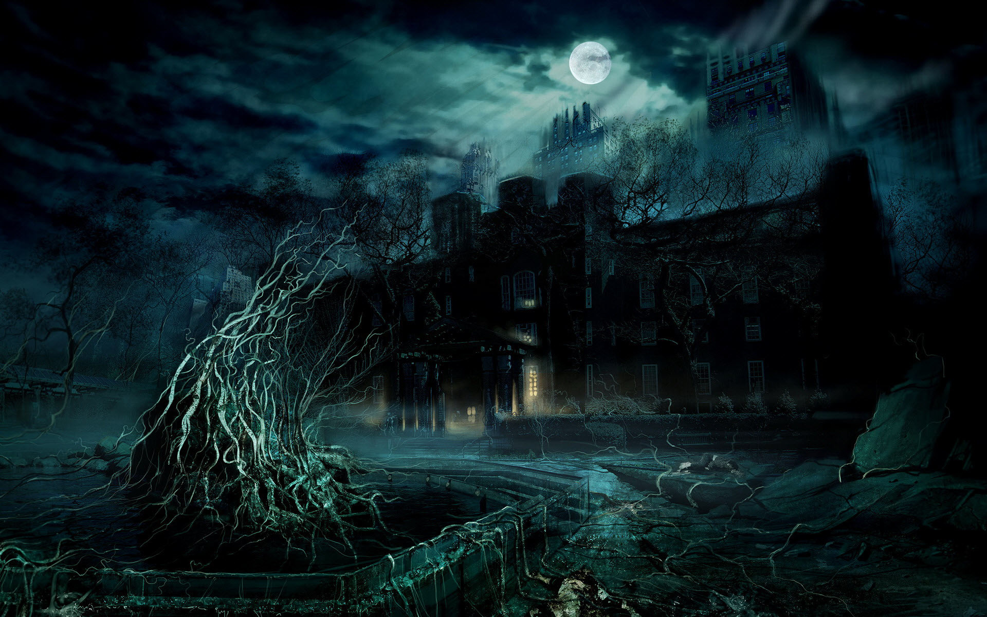 A dark and eerie wallpaper featuring a haunted mansion at night, illuminated by the moon. Twisted trees and a mysterious pond add to the spooky atmosphere