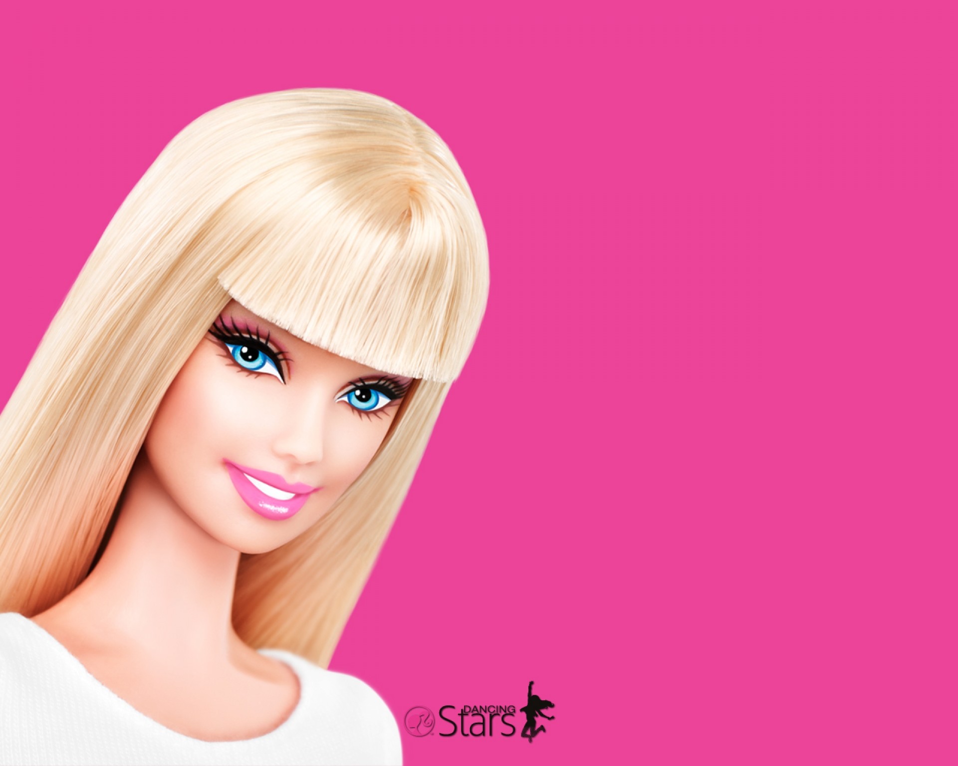 Close-up of a Barbie doll with blonde hair and blue eyes against a vibrant pink background