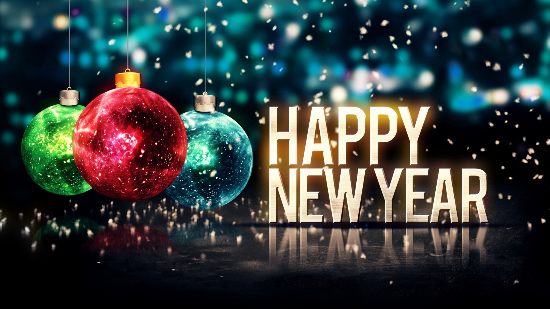 Three colorful Christmas ornaments hanging against a backdrop of a snowy evening scene with the words 'Happy New Year' in bold letters. The image reflects the festive spirit of the New Year celebrations