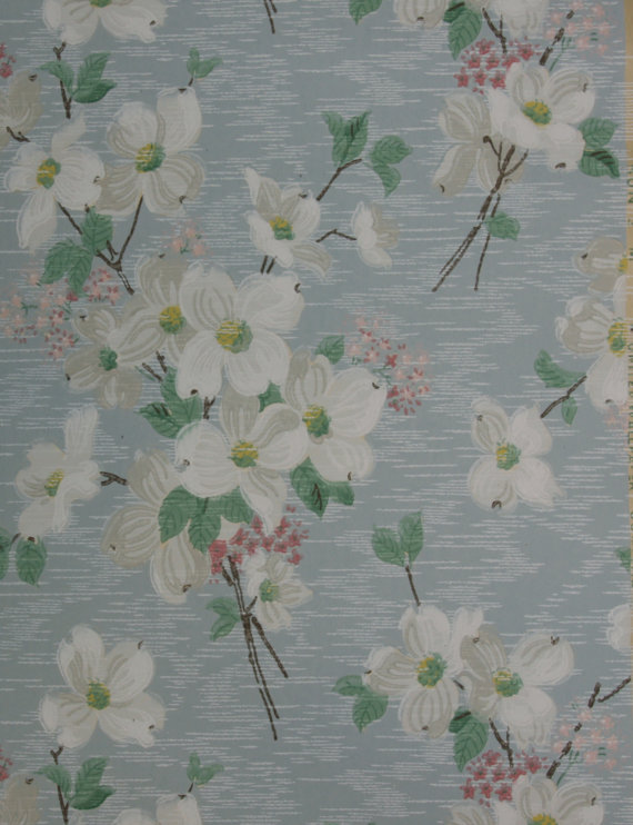 1930s Vintage Wallpaper   Floral Wallpaper with White Dogwood Flowers 570x742