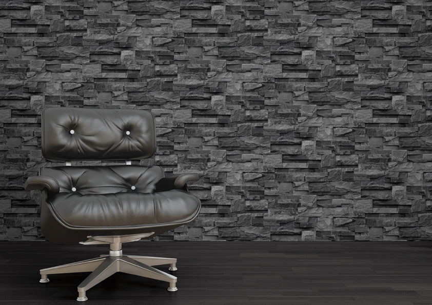 Grey Black Charcoal Natural Stone Brick Slate Effect Muriva Wallpaper