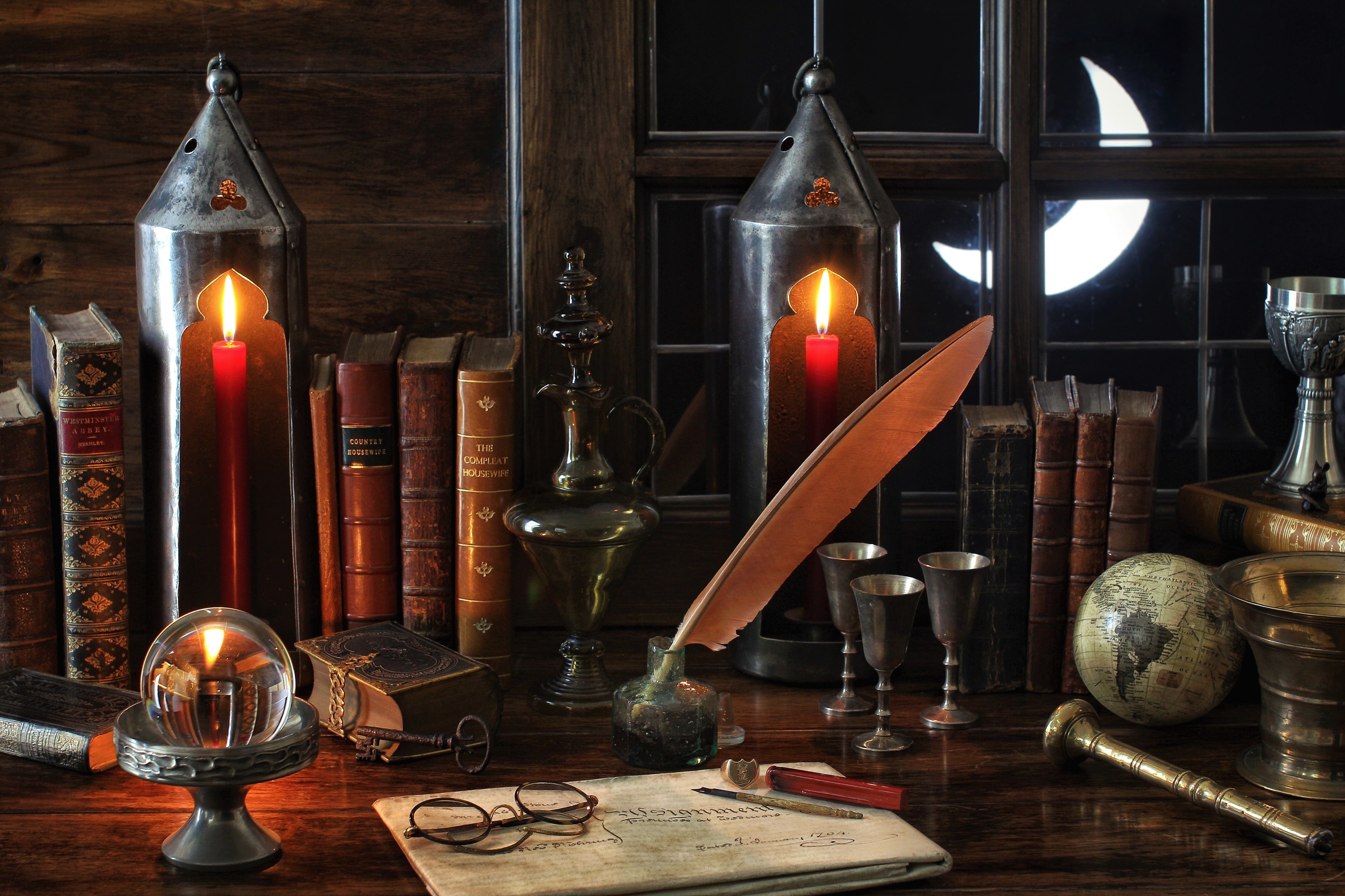 Book Glasses Candle Globe Night Crescent Window Photography Wallpaper