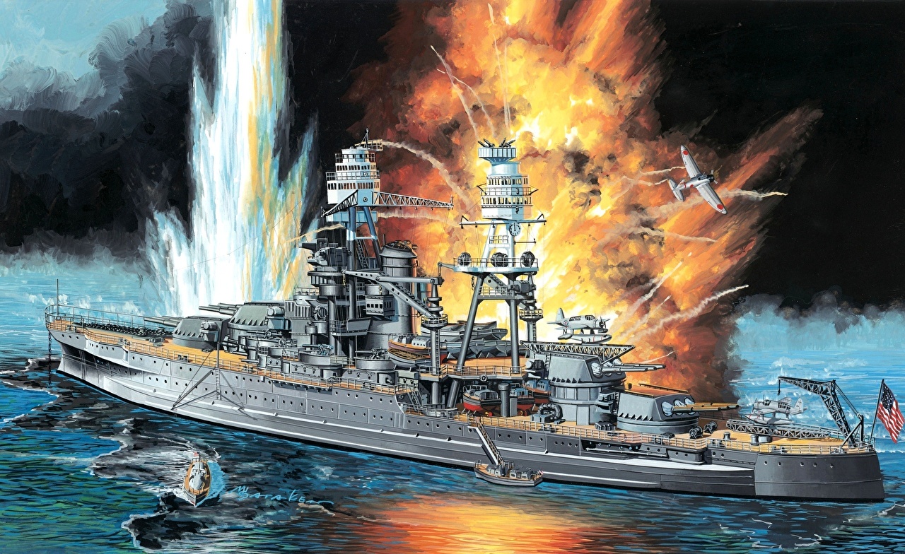 Picture Explosions Uss Arizona Ship Painting Art Military