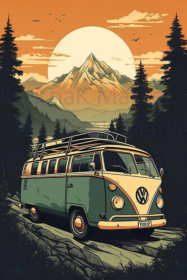 Vw Bus In The Sierra Nevada Mountians Painting For Hotel Decor