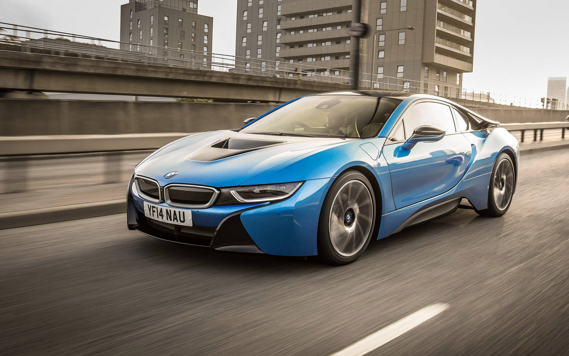 Blue Bmw I8 On The Road Wallpaper
