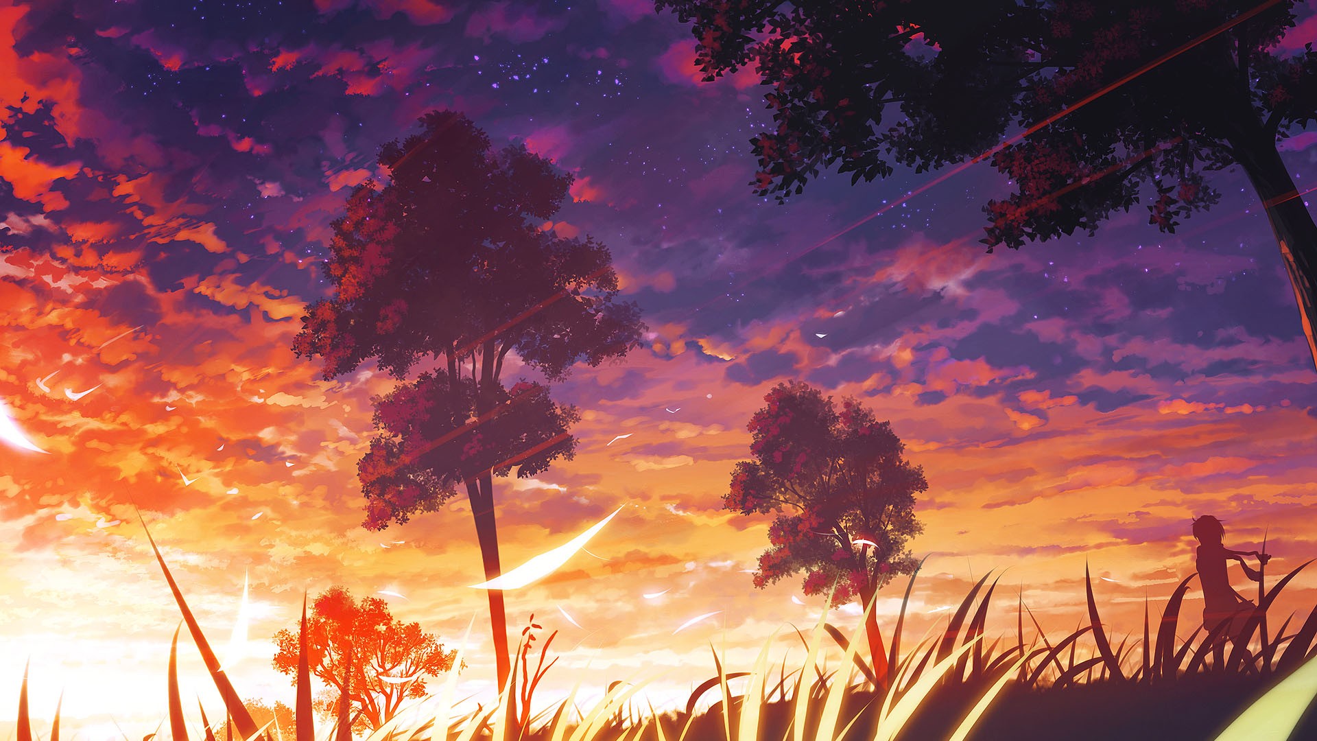 Anime landscape at sunset with vibrant orange and purple sky, silhouetted trees, and a lone figure in the grassy foreground