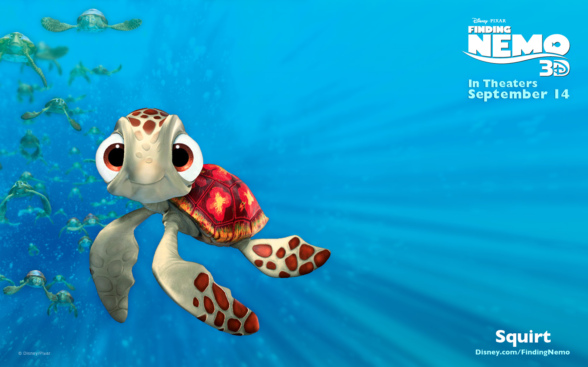 Squirt, the young sea turtle from Finding Nemo, swims in the ocean