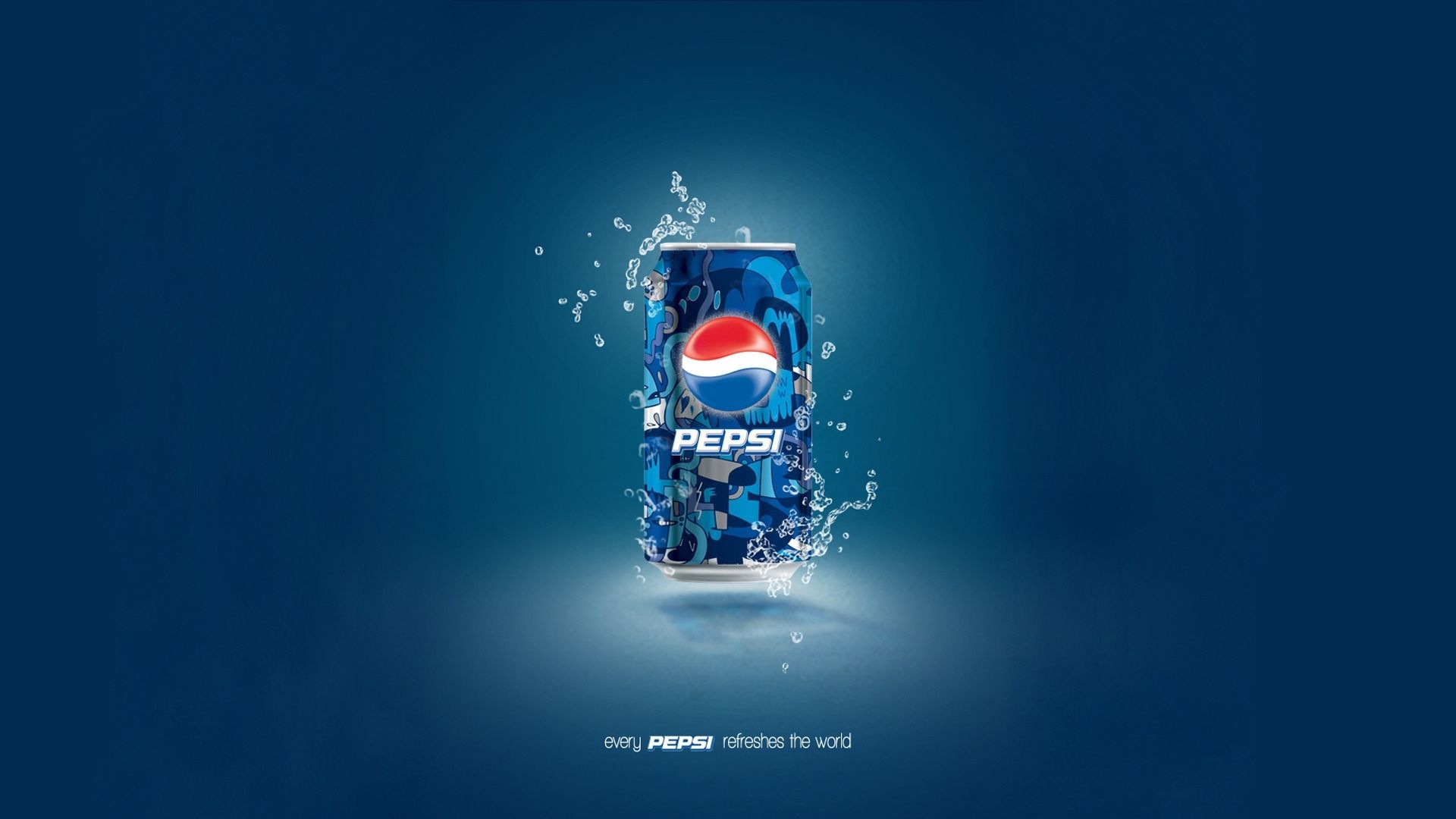 A Pepsi can with a unique blue design, surrounded by water droplets, against a dark blue background. The tagline reads 'every Pepsi refreshes the world'