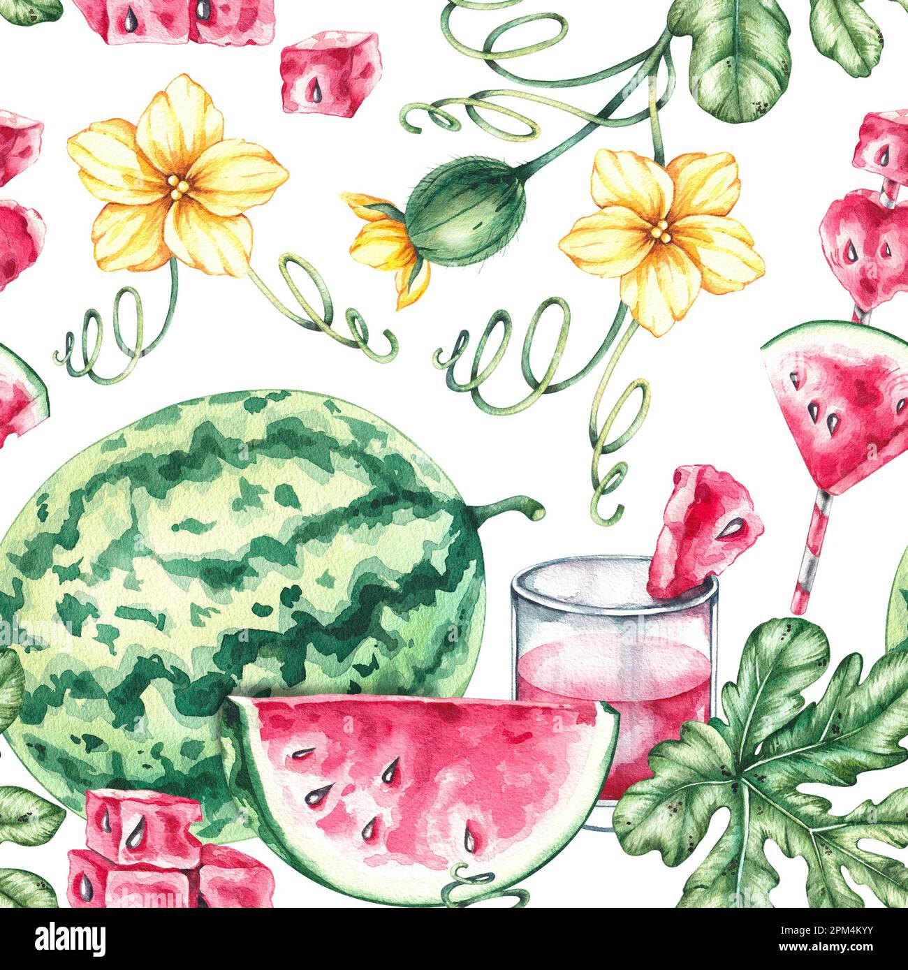 Watercolor Summer Fruit Pattern Of Watermelon On A White