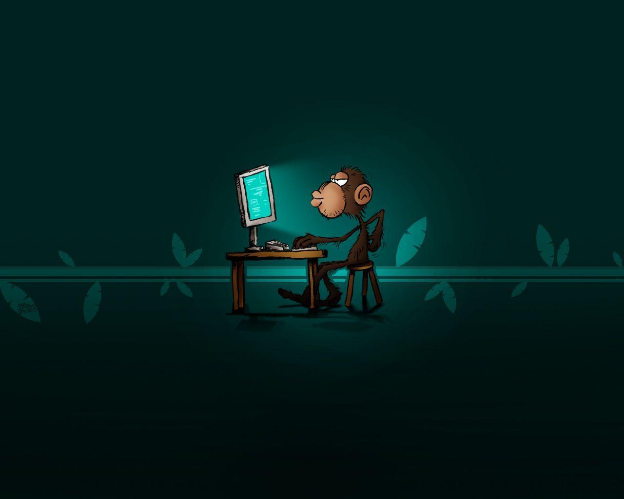 A funny cartoon monkey sits at a desk in a dimly lit room, focused on an old computer screen with glowing turquoise code. The humorous image suggests the monkey is hard at work, perhaps coding or hacking