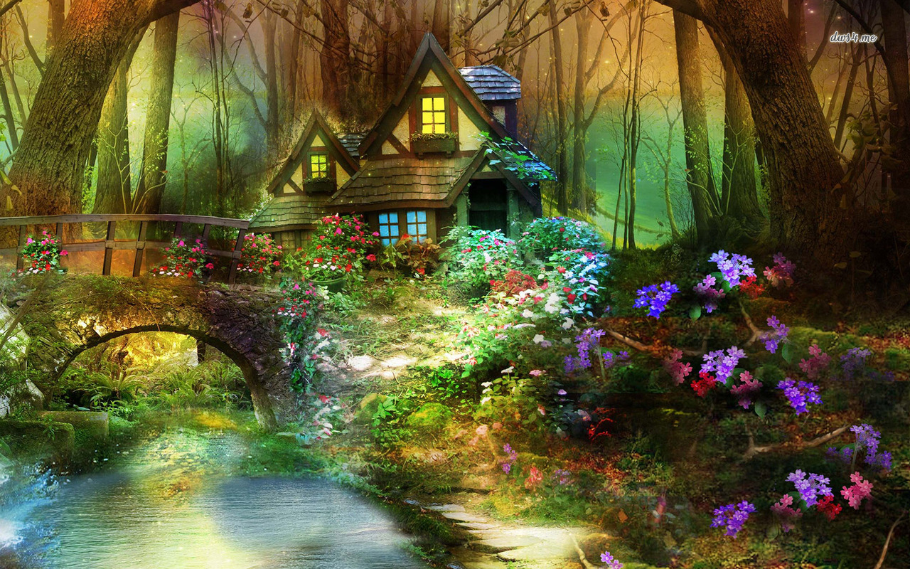 Enchanted Forest Hut Wallpaper Digital Art