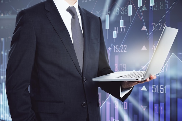 Businessman Holding Laptop Office Corridor Trading Raising Chart Background Closeup Stock Market Concept Wallpaper