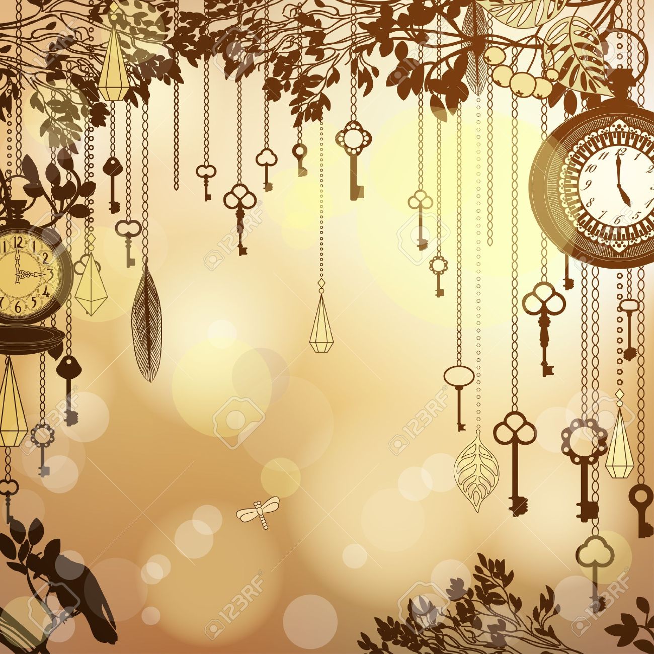 Antique Golden Background With Clocks And Keys Royalty