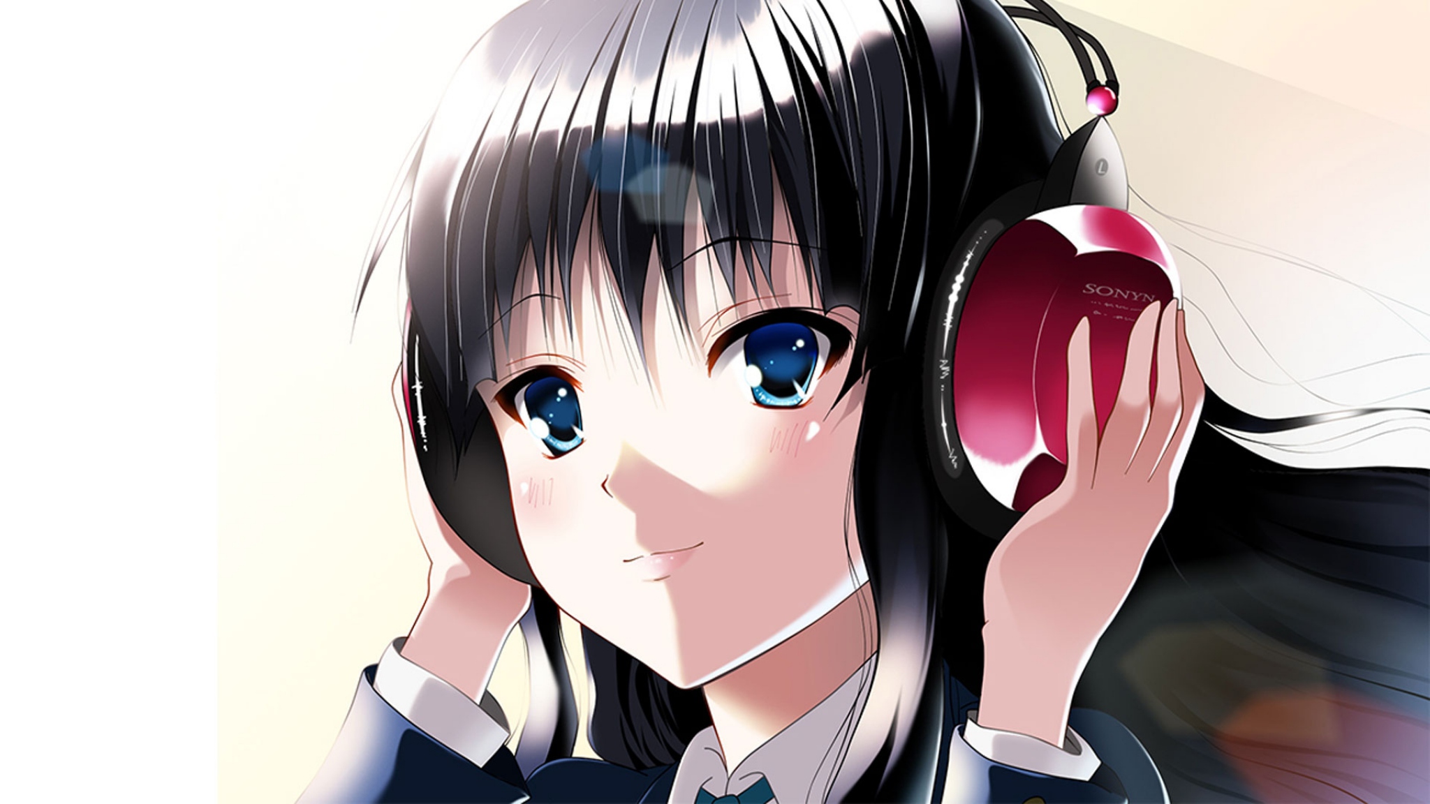 Download Wallpaper 2048x1152 Anime Girl Brunette Headphones Hand