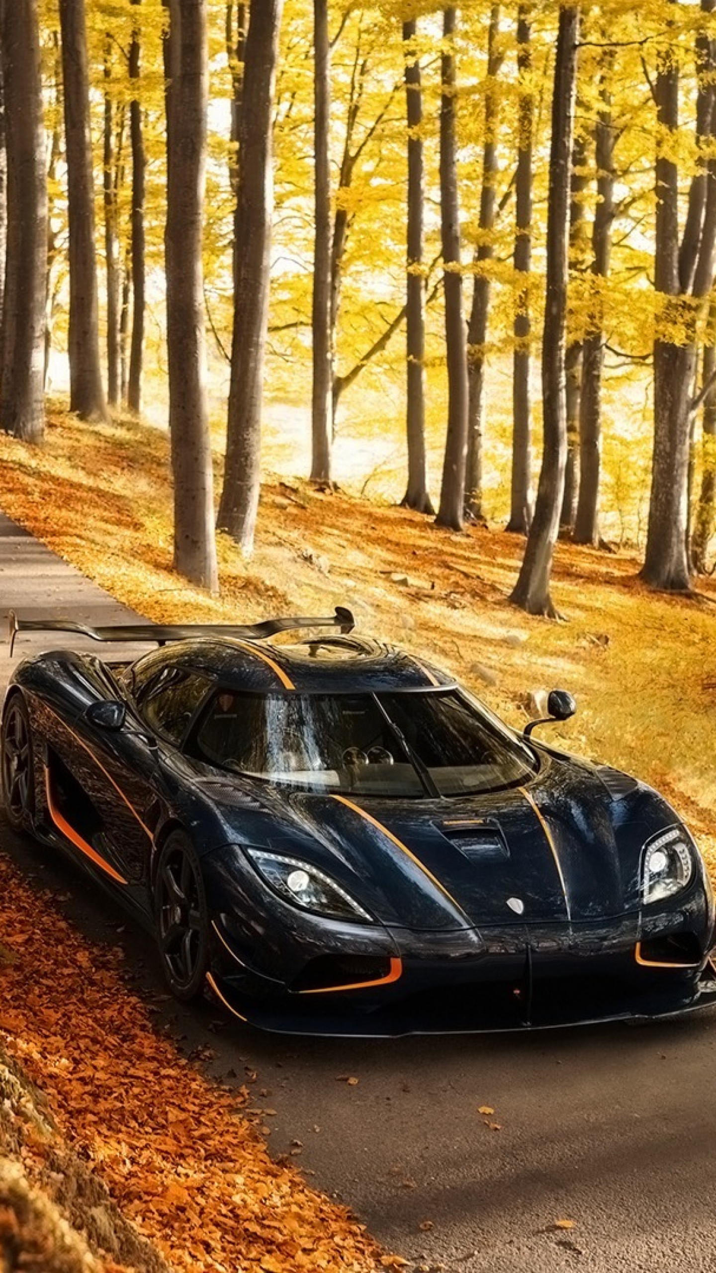 A sleek black Koenigsegg Agera RS with orange accents parked on a picturesque road lined with golden autumn trees