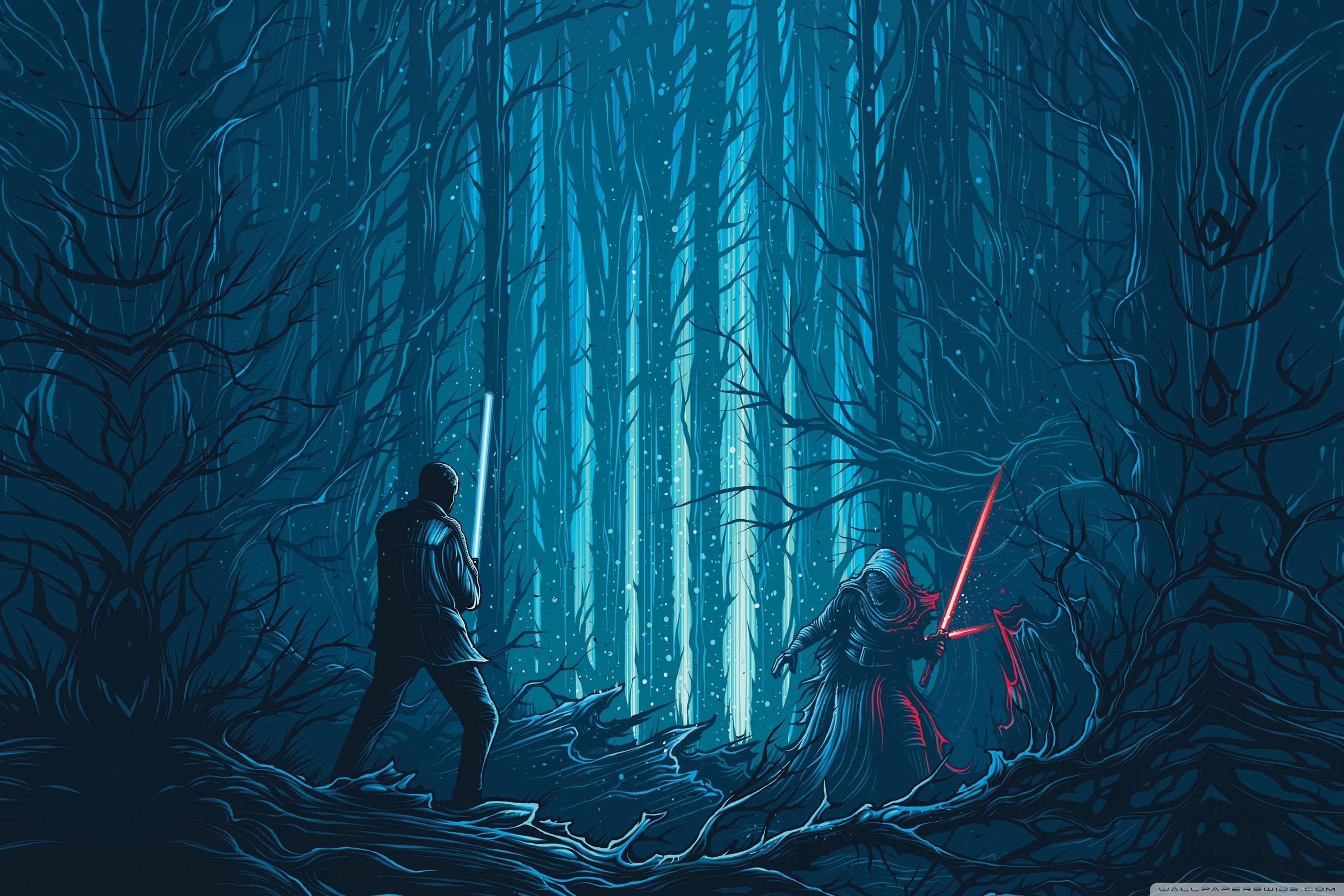 A digital artwork depicting a lightsaber duel in a dark, snowy forest. The combatants are silhouetted against a glowing blue background, creating a dramatic and mysterious scene
