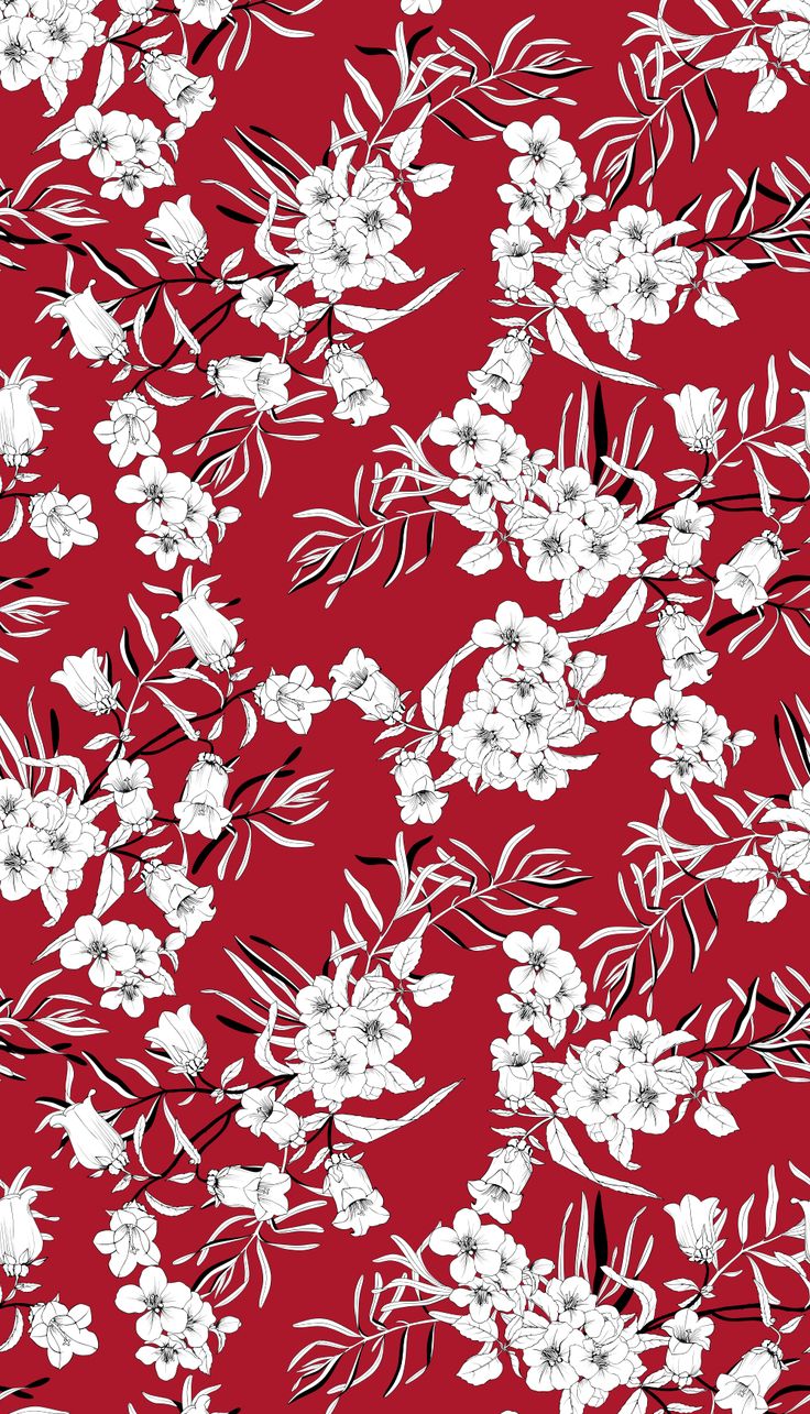 White Flowers On A Red Background Pattern Vector Print For Fabric