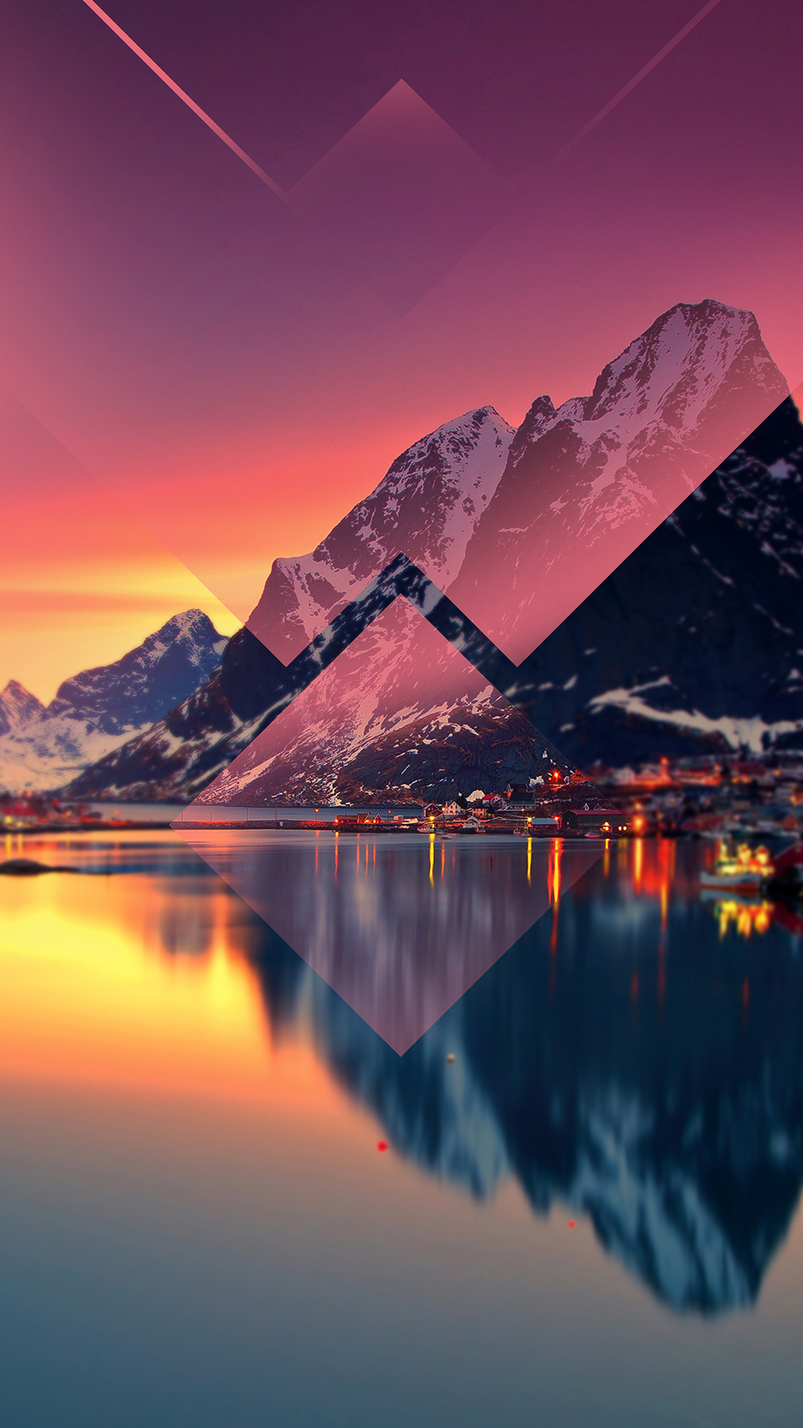 A stunning phone wallpaper featuring a mountainous landscape reflected in a serene lake. Triangular graphic overlays add a modern touch to the image