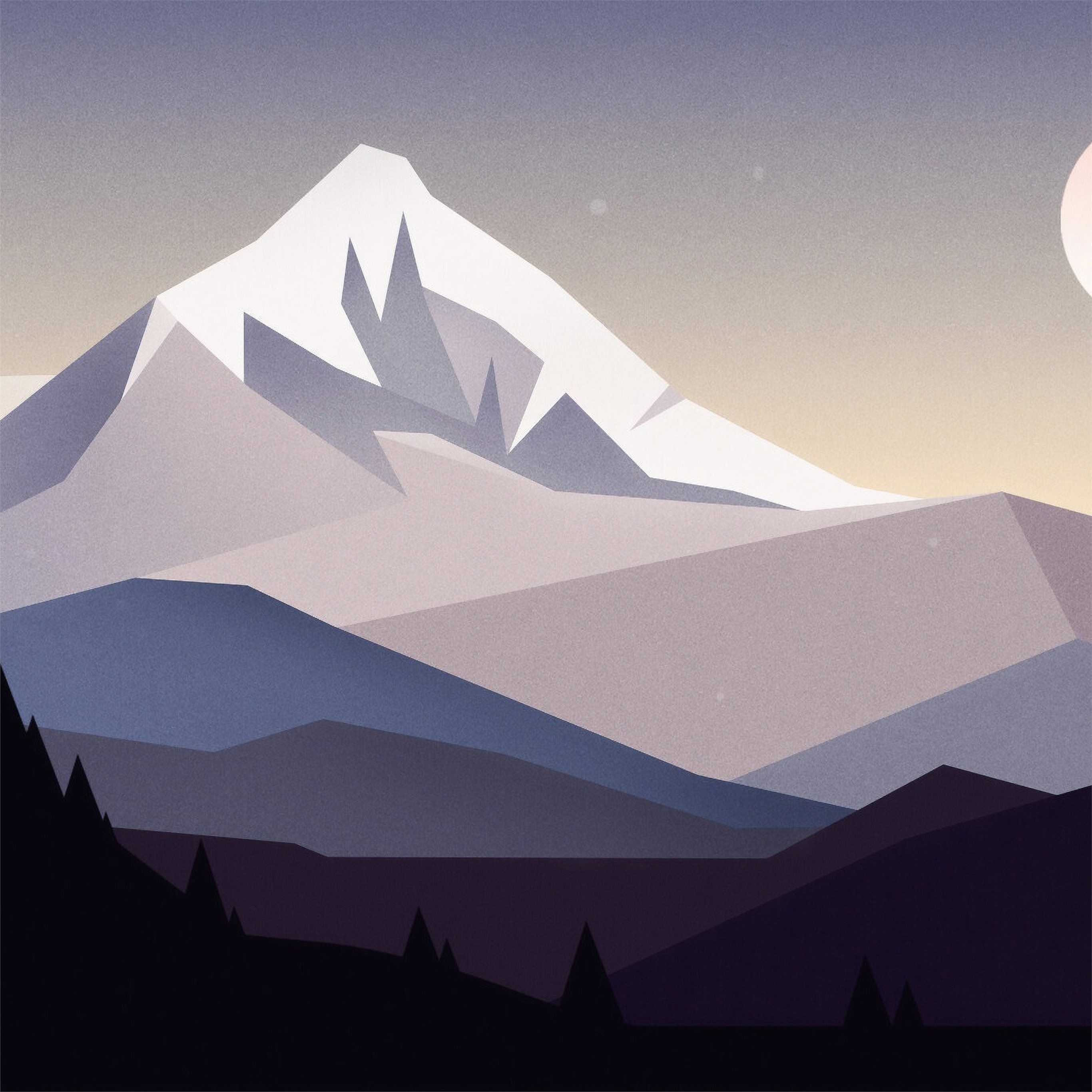 A minimalist, geometric illustration of a snow-capped mountain range at dusk. The foreground features dark, stylized trees, while the background showcases a gradient sky transitioning from dusky purple to soft orange