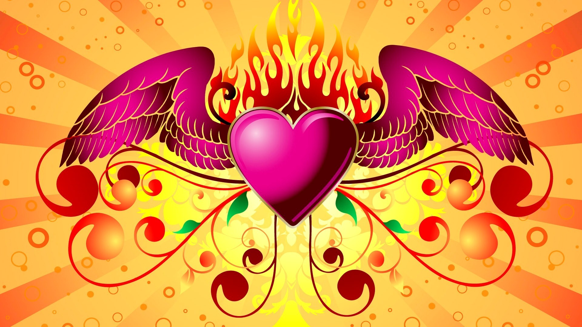 Pink Heart With Wings Fire Design HD Image Wallpaper