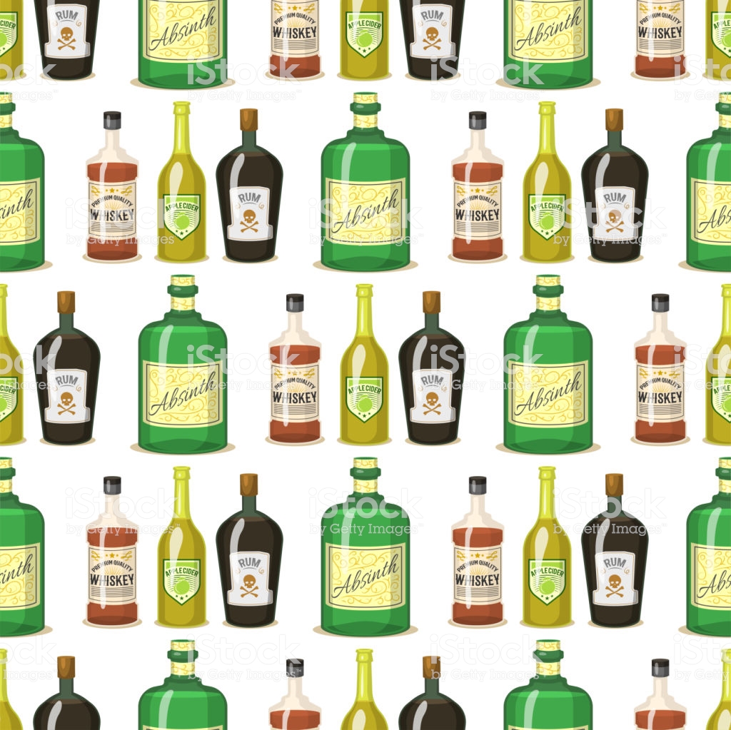 Alcohol Strong Drinks In Bottles Cartoon Glasses Seamless Pattern