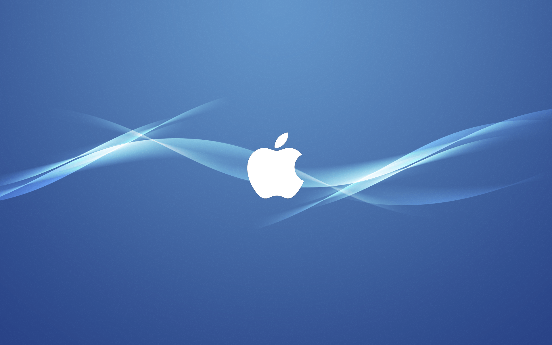 Abstract blue background with a white Apple logo and subtle wavy lines, perfect for a MacBook wallpaper