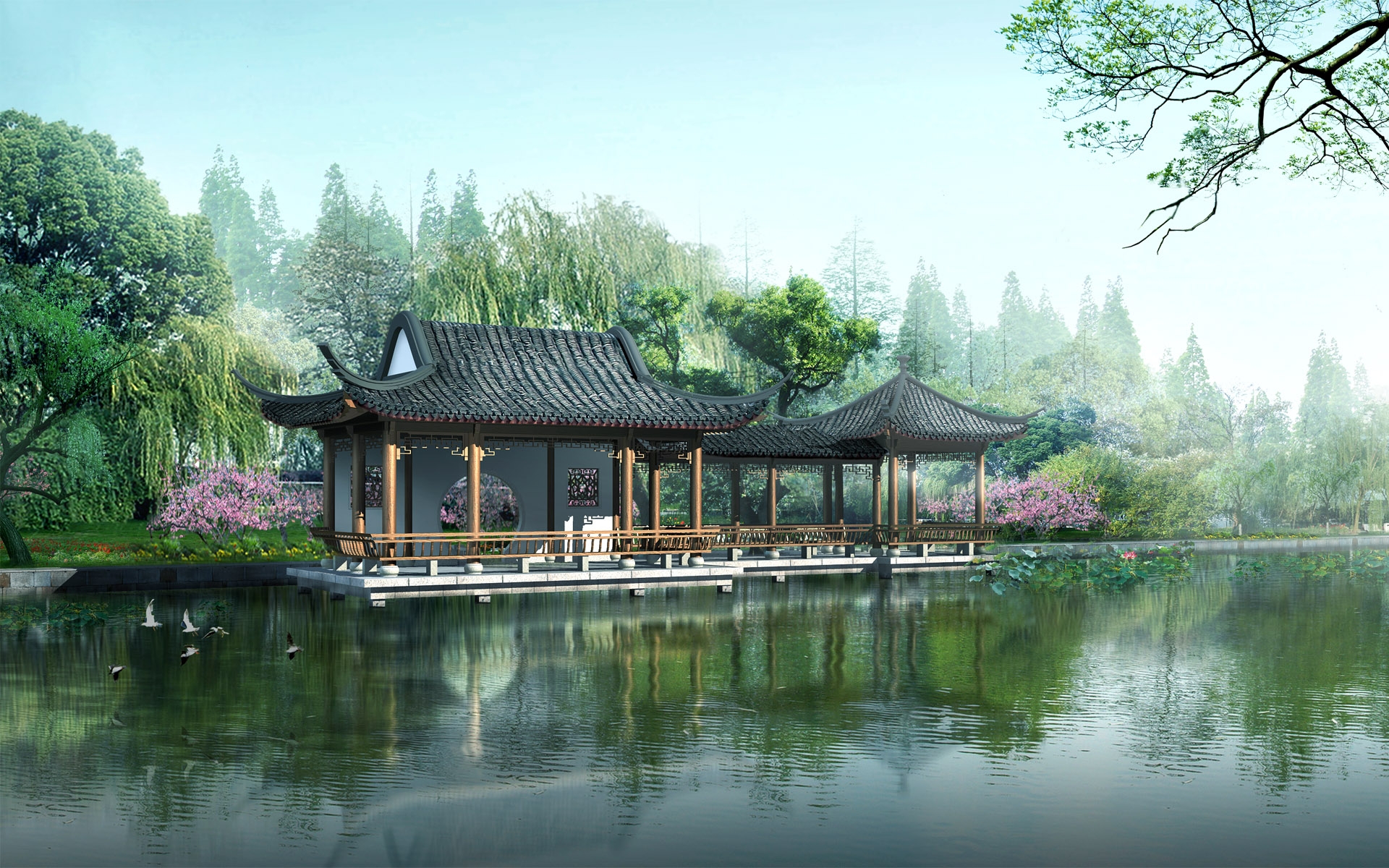 Serene Chinese Water Pavilion: A traditional pavilion nestled on a tranquil lake amidst lush greenery and flowering trees